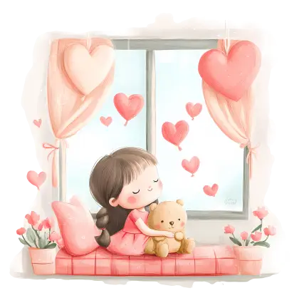 Girl with Teddy by Window