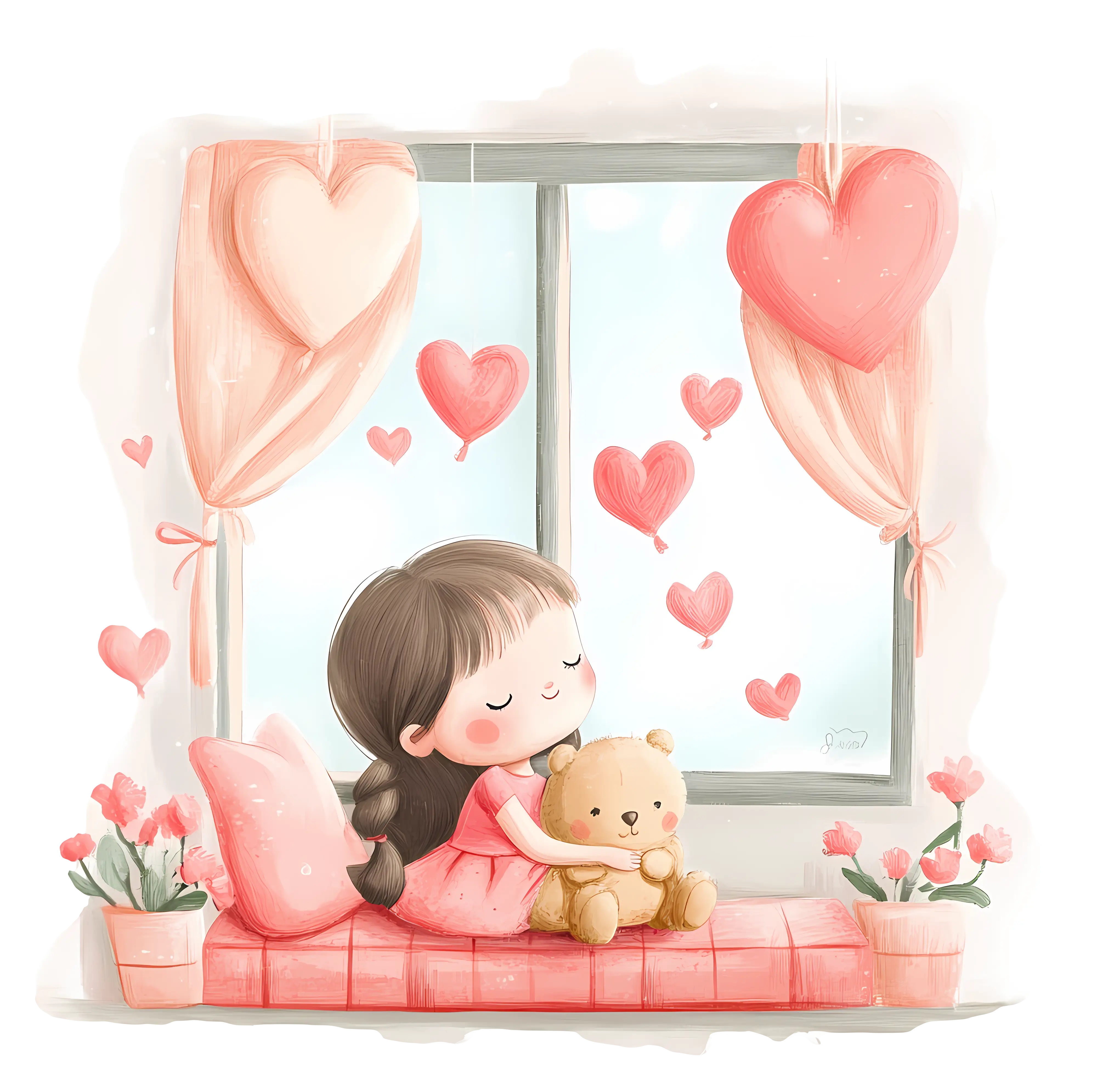 Girl with Teddy by Window