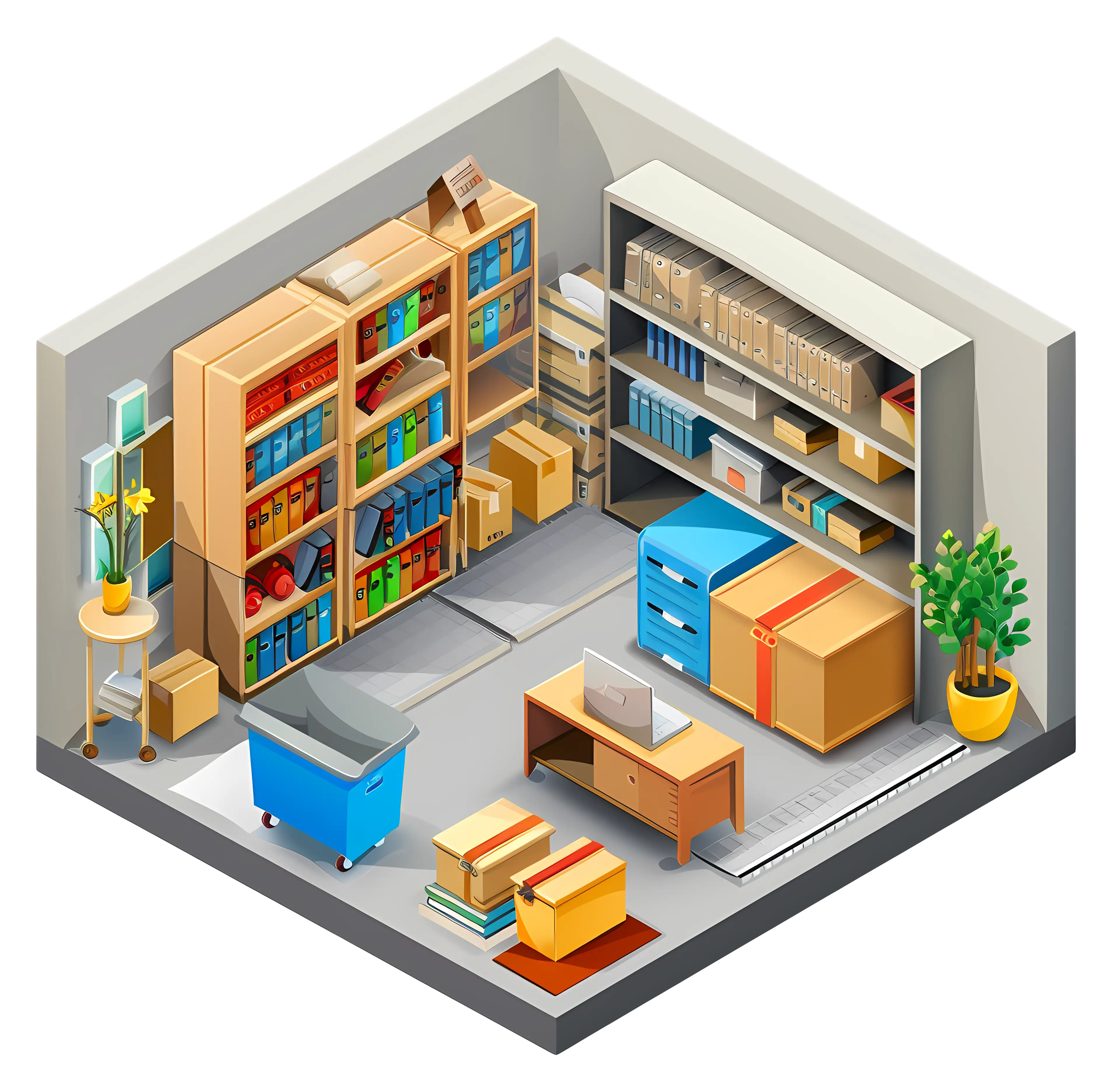 Organized Storage Room with Shelves and Boxes