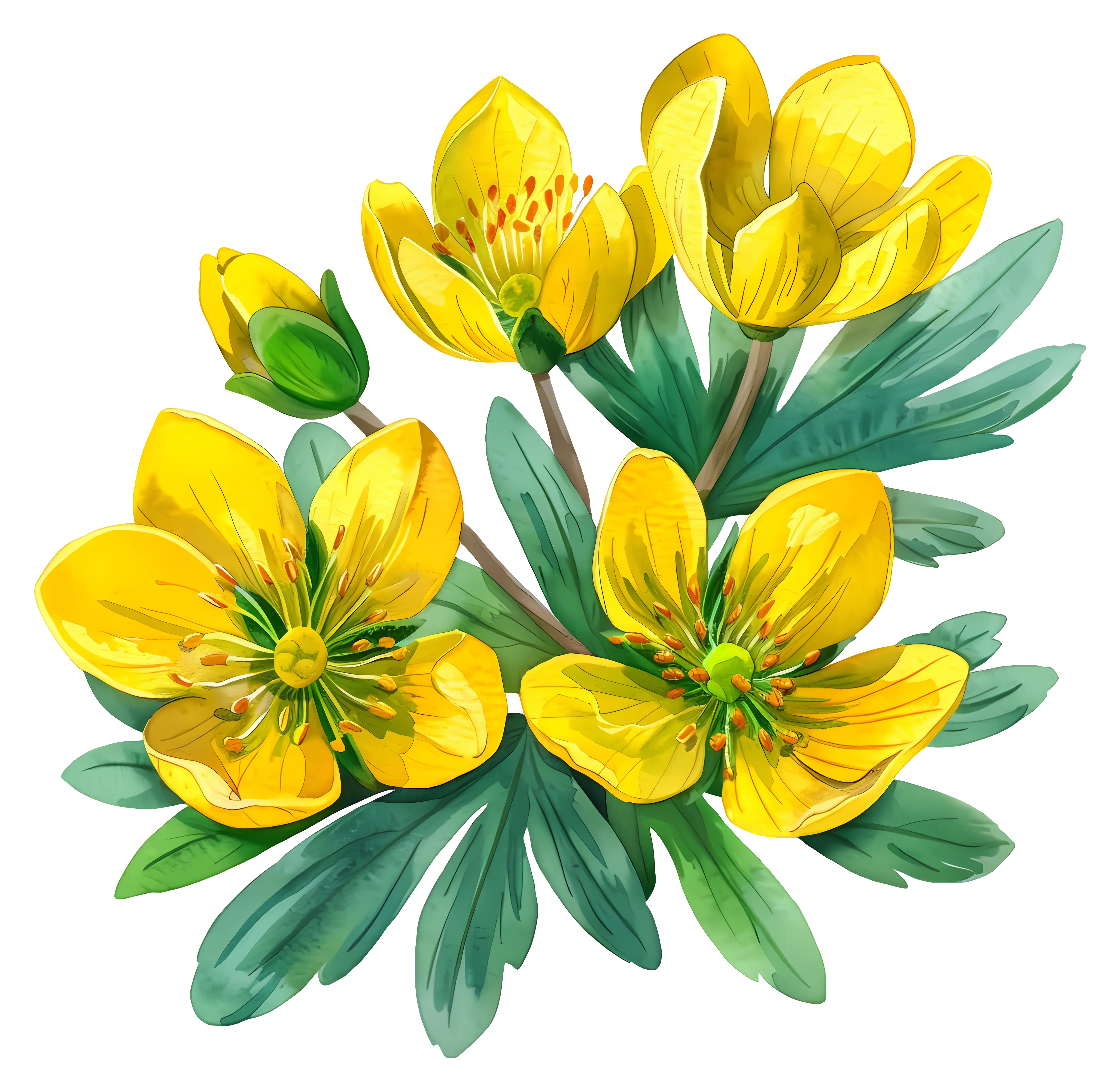 Bright Yellow Flowers with Green Leaves