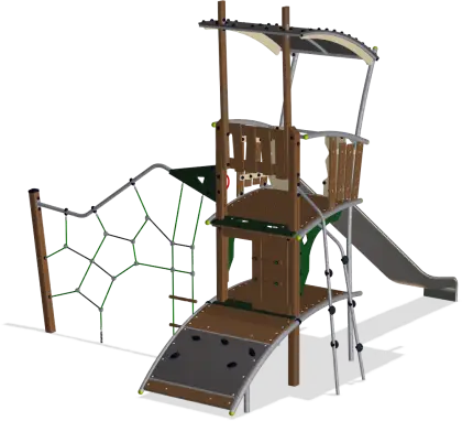 Modern Wooden Playground Structure with Climbing Net