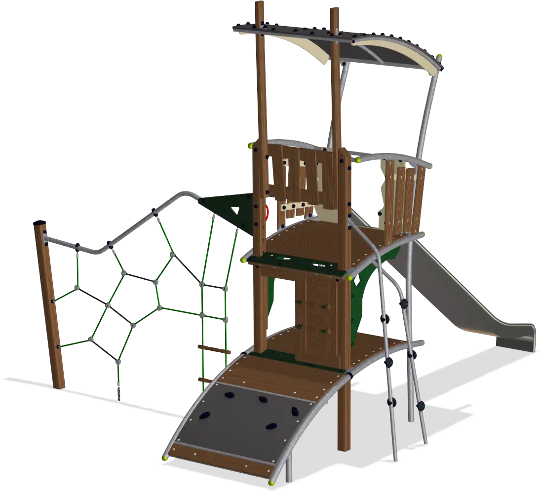 Modern Wooden Playground Structure with Climbing Net