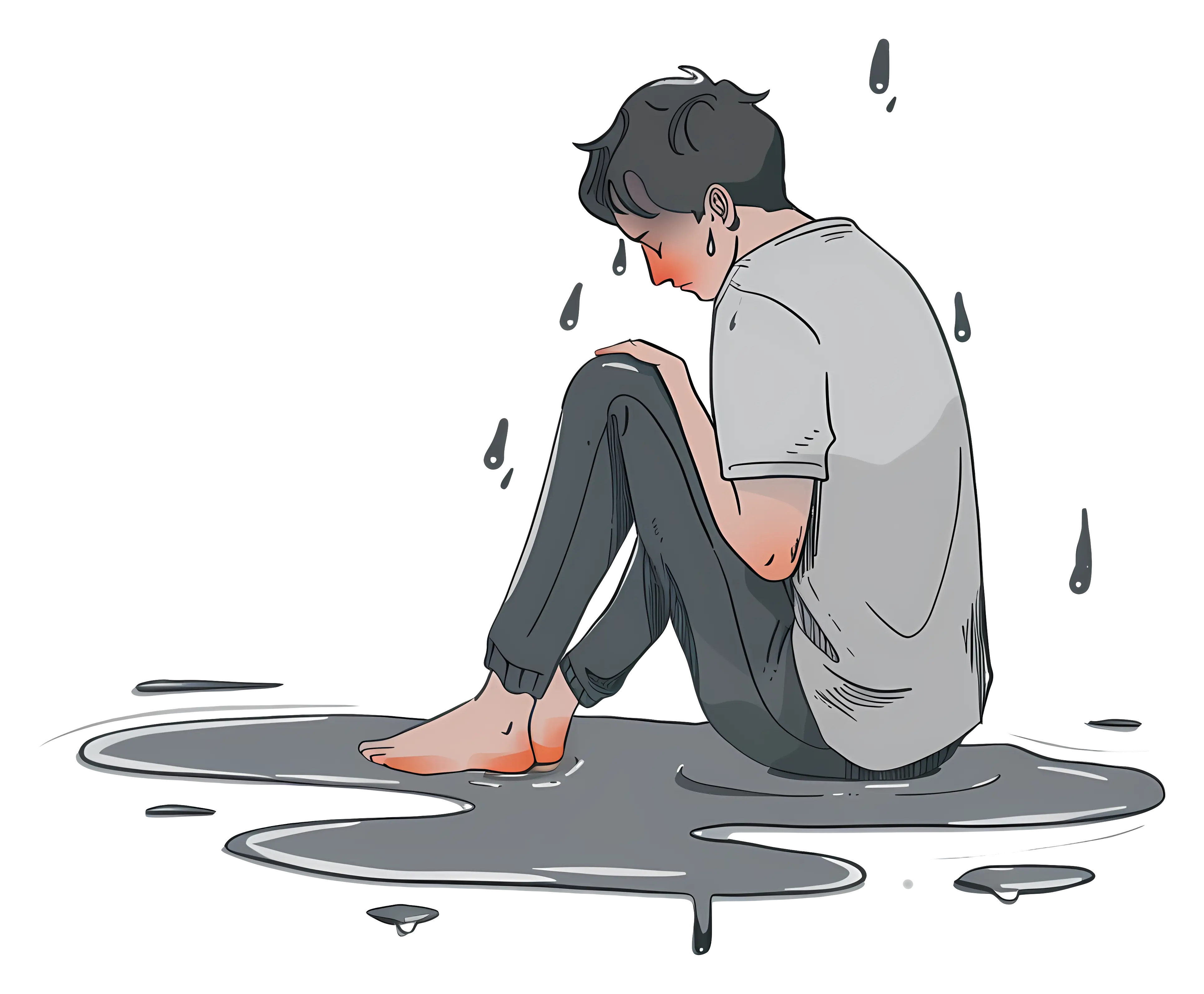 Sad Boy Sitting Illustration with Water