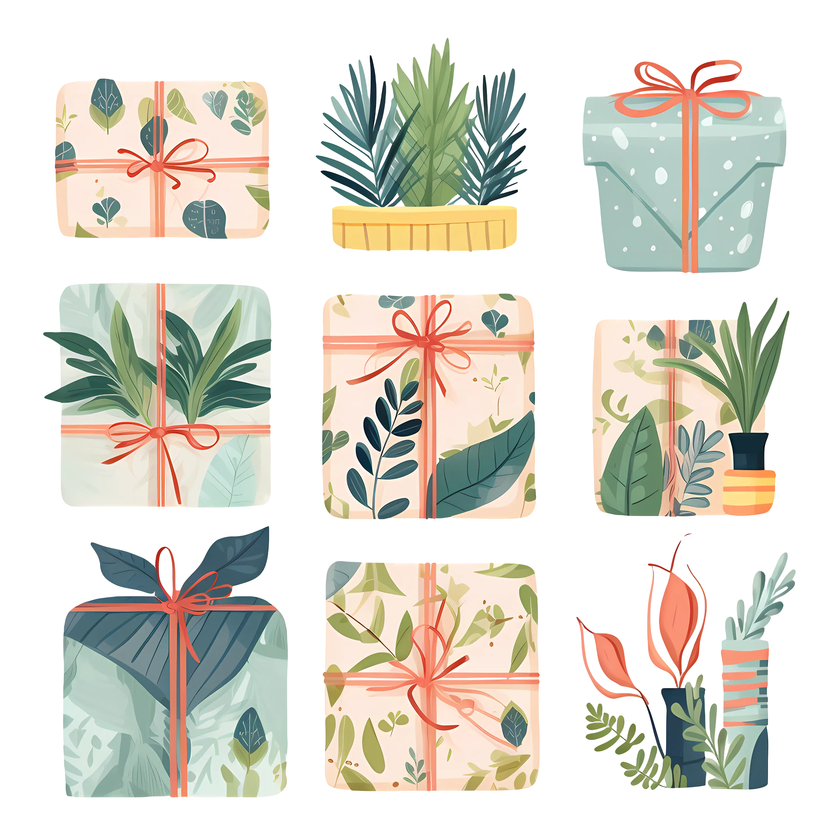 Set of Nine Gift Boxes with Botanical and Plant Patterns