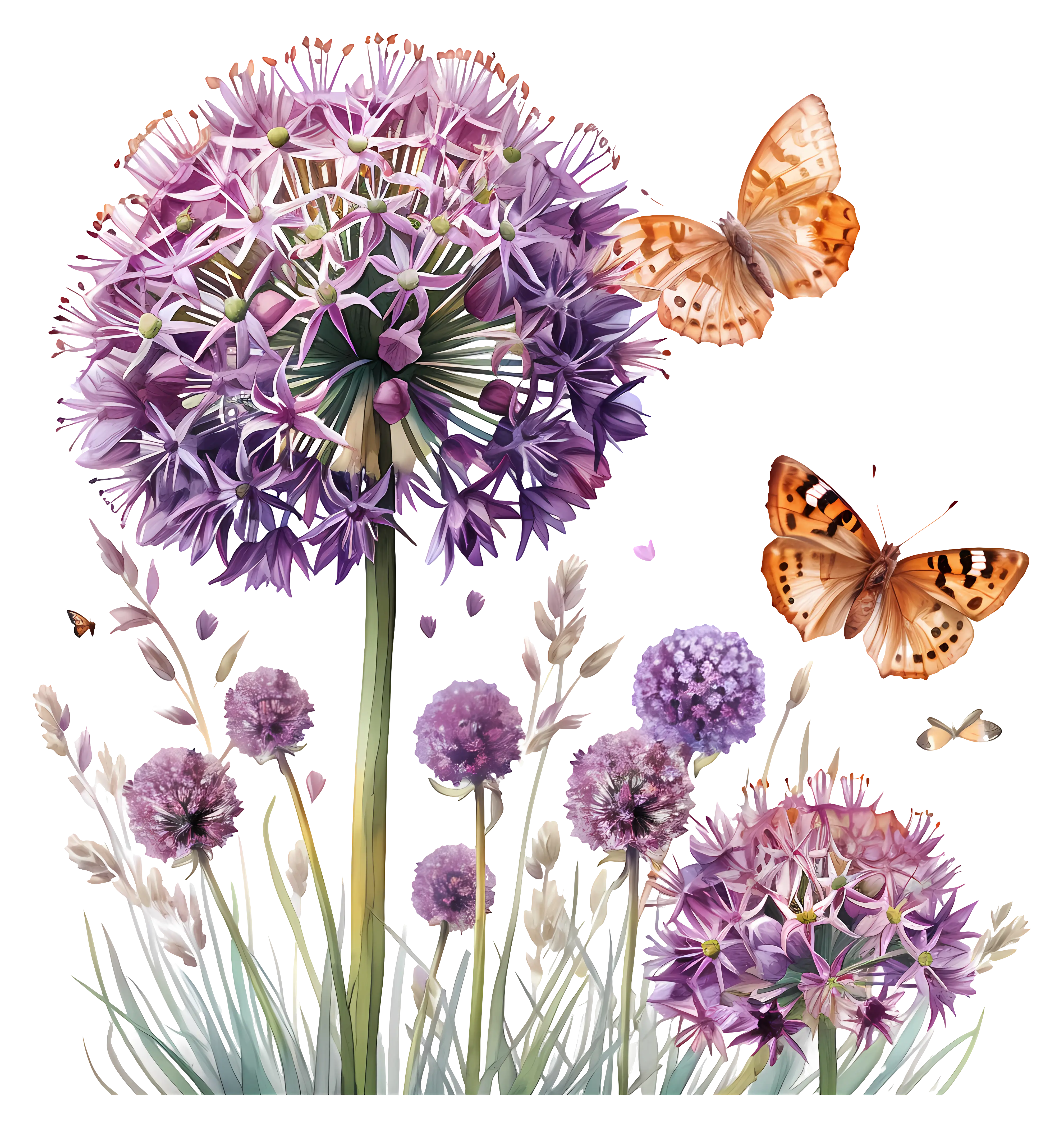 Artistic Purple Flowers with Butterflies Illustration