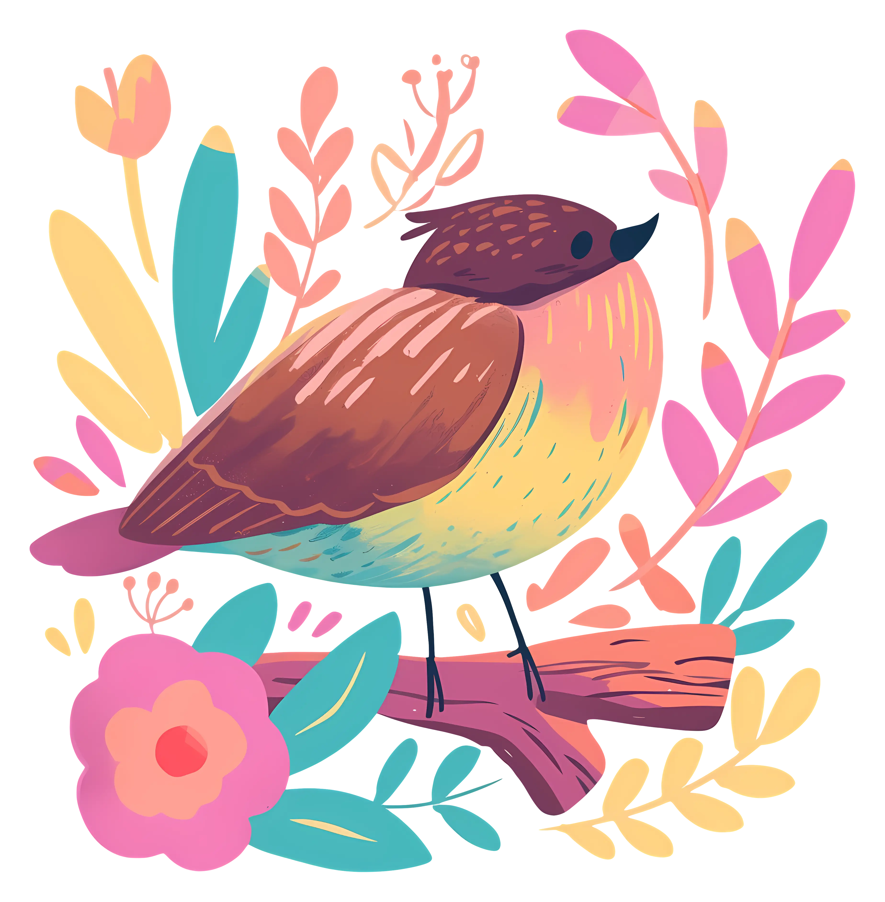 Colorful Bird on a Branch with Floral Background
