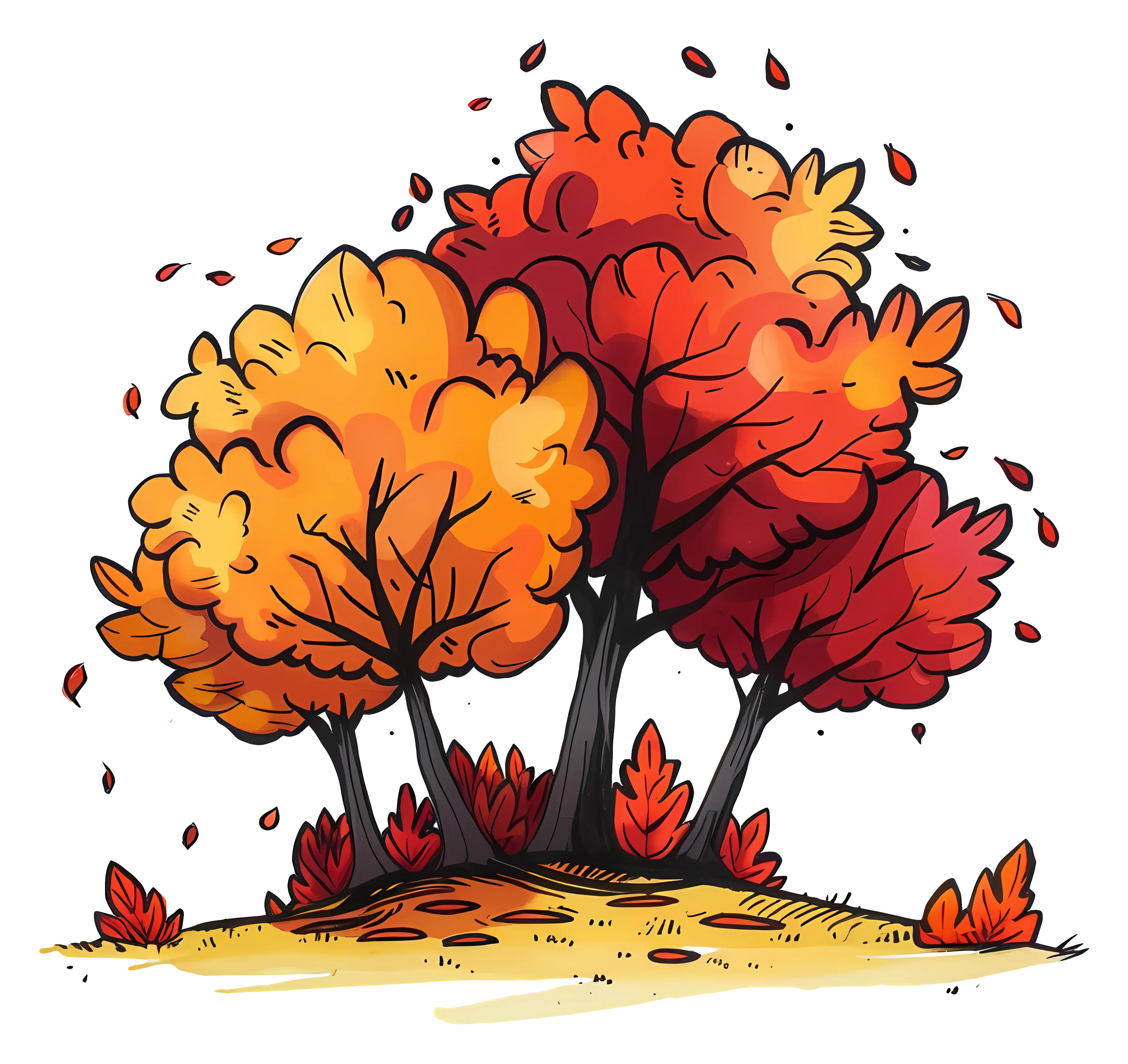 Vibrant Autumn Trees with Falling Leaves Illustration