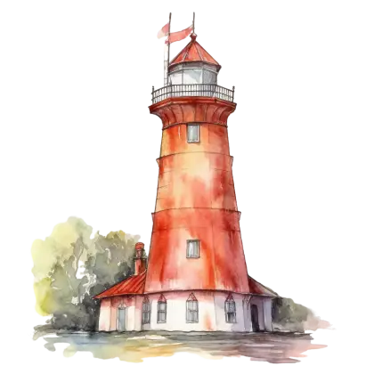 Watercolor Red Lighthouse with Coastal Background