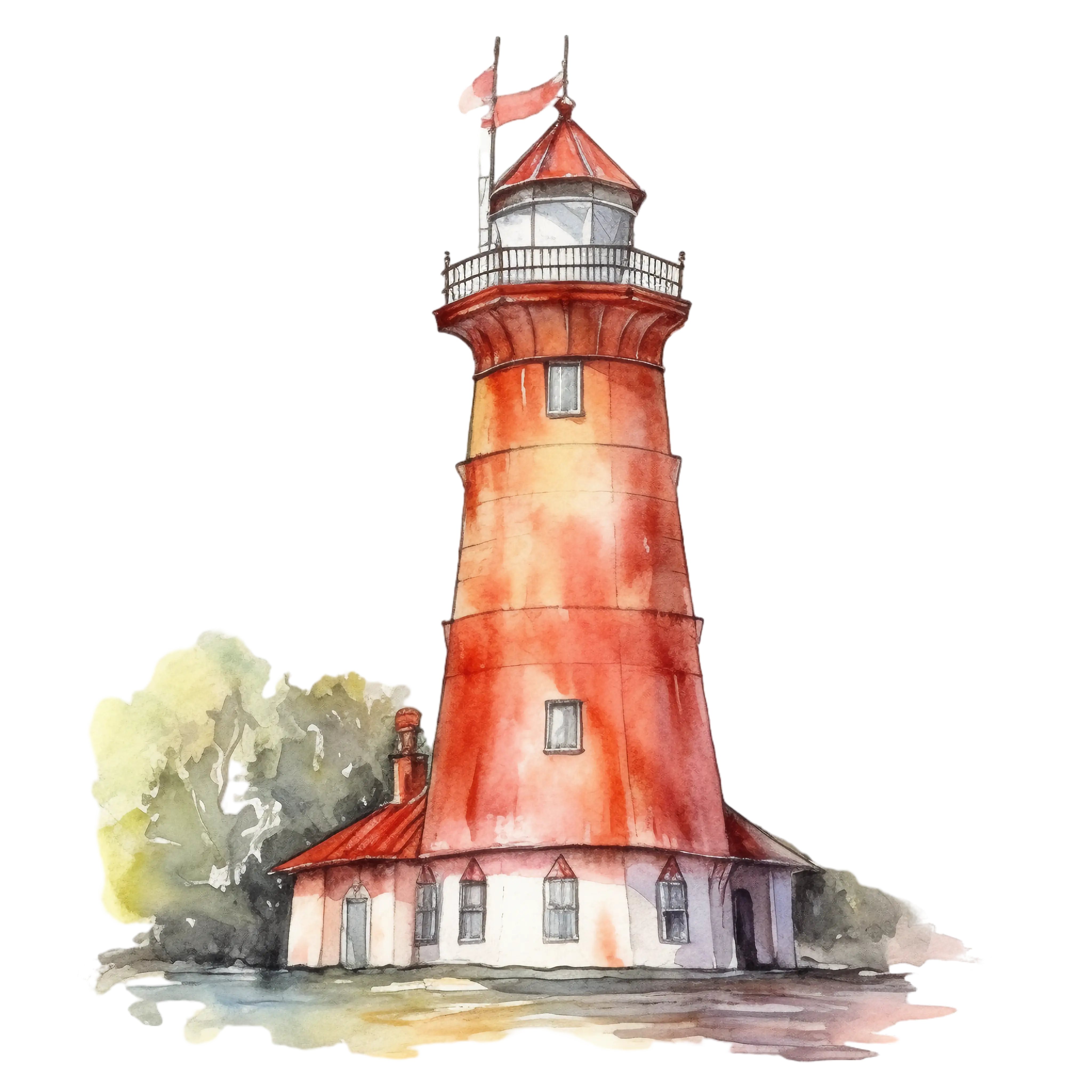 Watercolor Red Lighthouse with Coastal Background