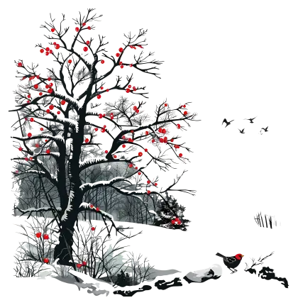 Snowy Tree with Red Berries