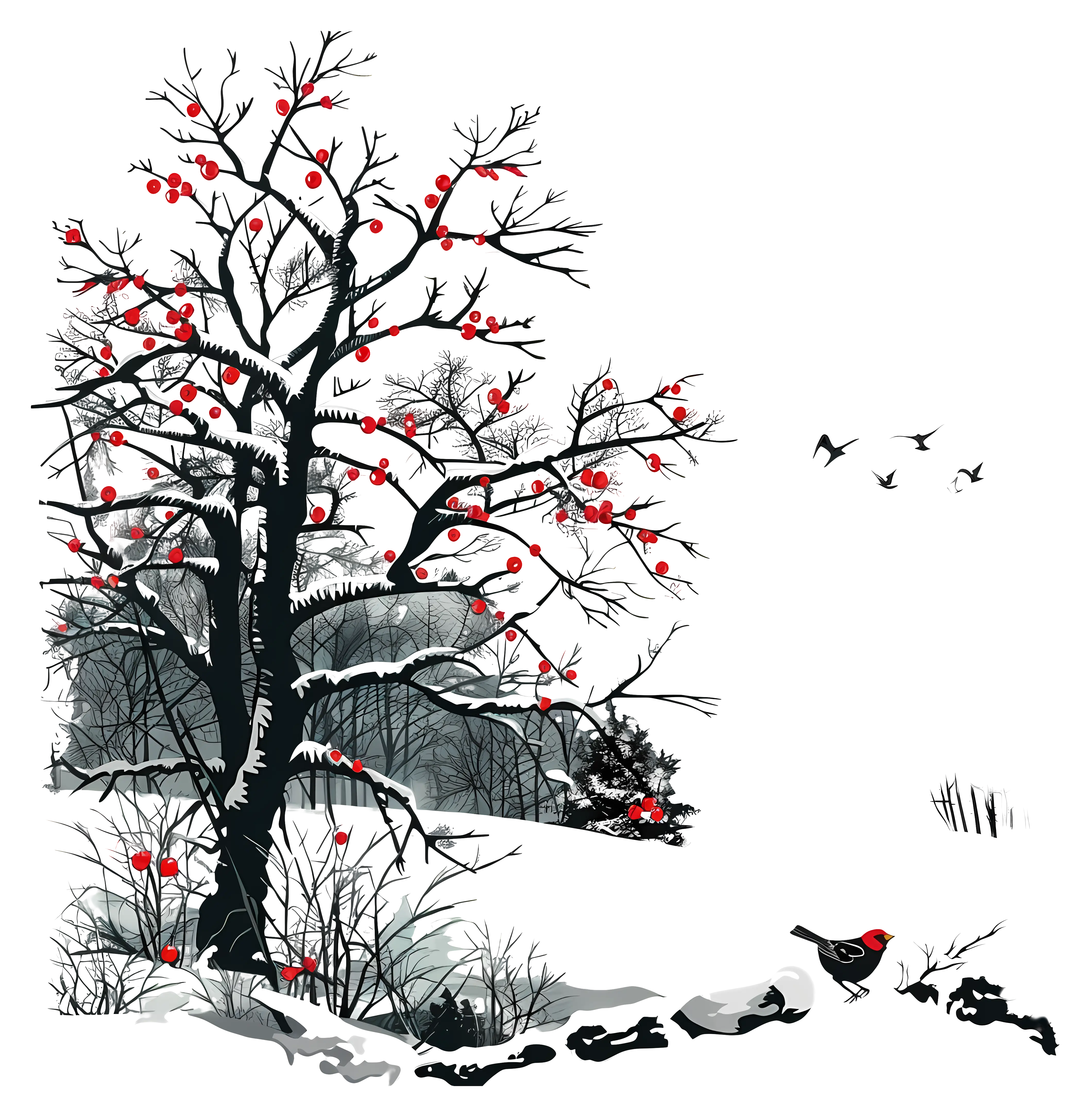 Snowy Tree with Red Berries