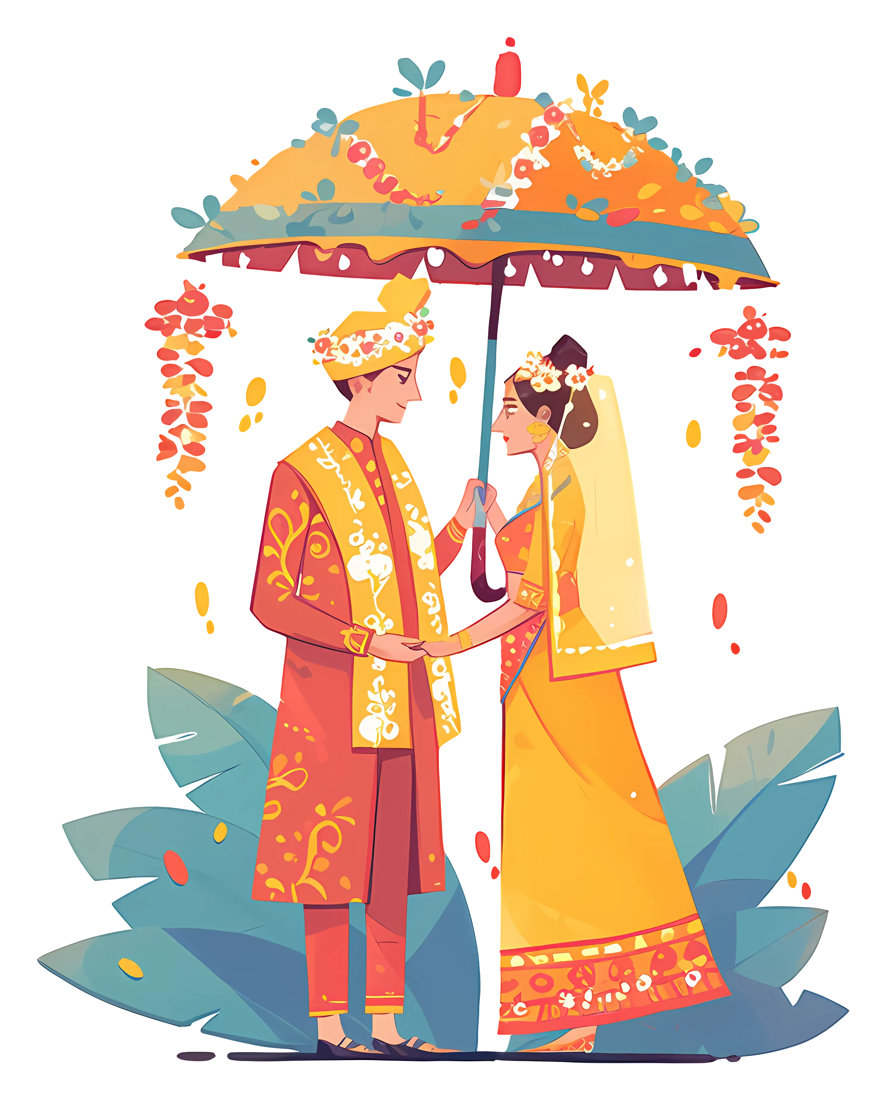 Traditional Wedding Couple with Decorative Umbrella
