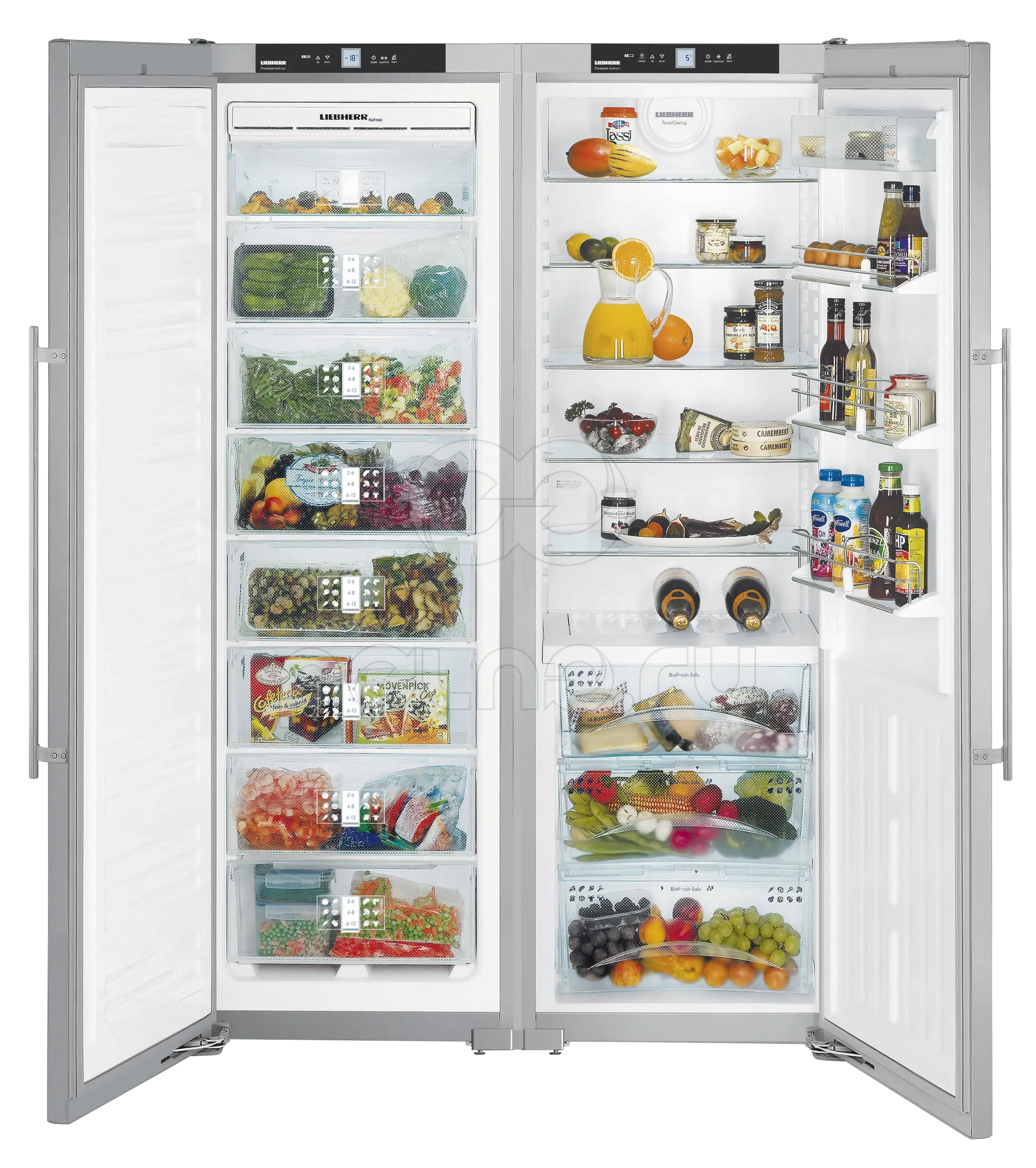 Open Refrigerator with Organized Food Items