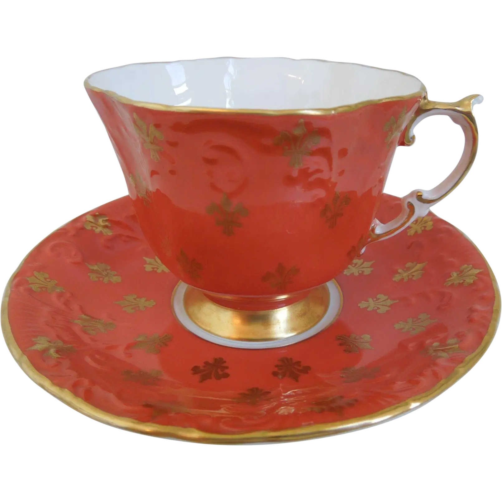 Red Teacup with Gold Accents and Saucer