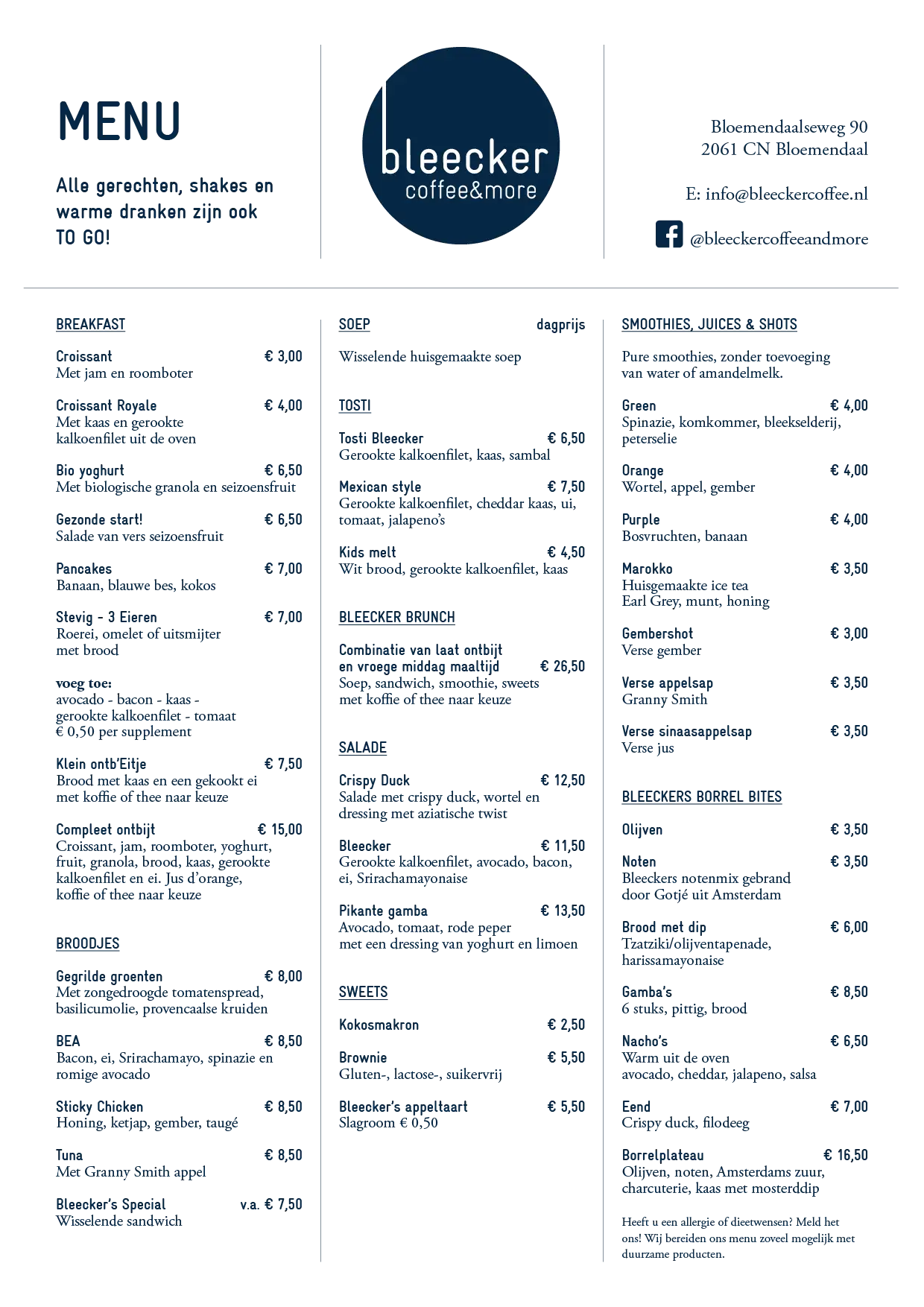 Restaurant Menu with Various Options