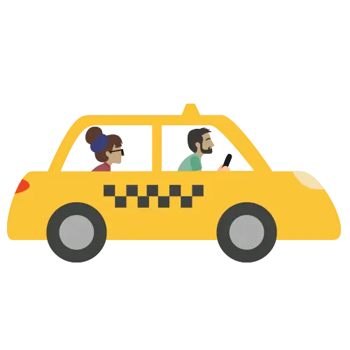 Cartoon Yellow Taxi with Driver and Passenger