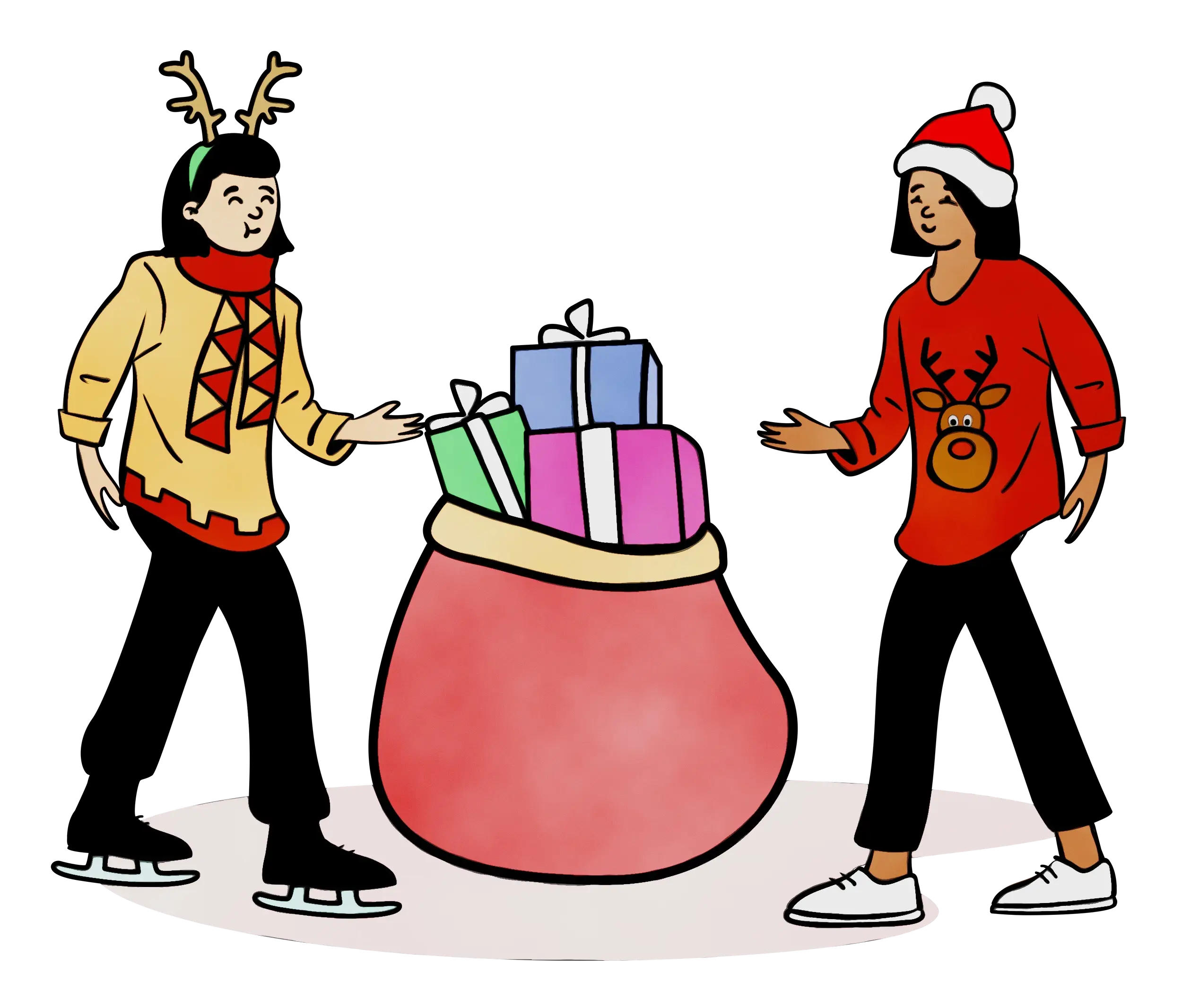 Two Women with Christmas Gifts and Festive Attire