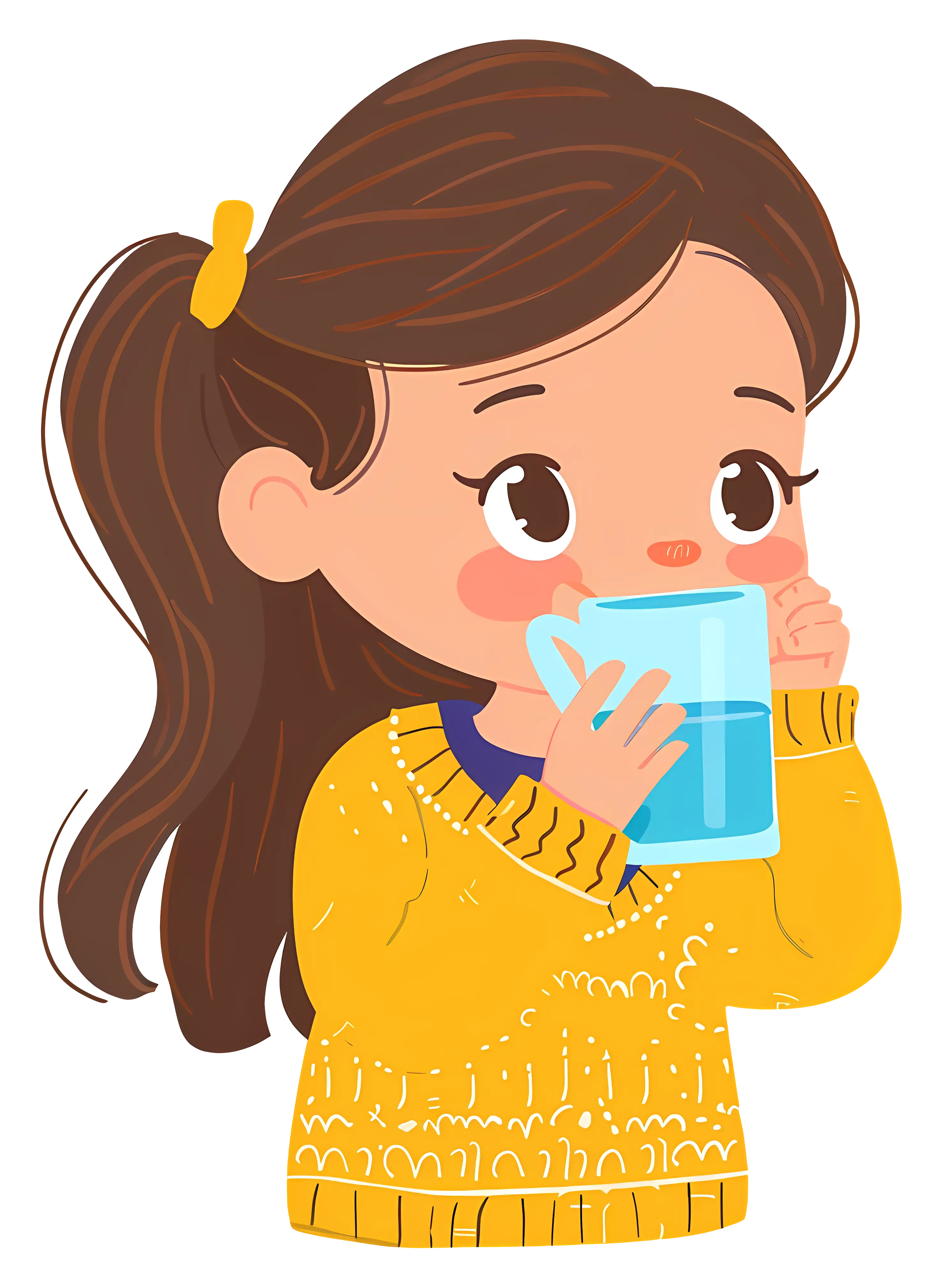 Cartoon Girl Drinking Water in Yellow Sweater