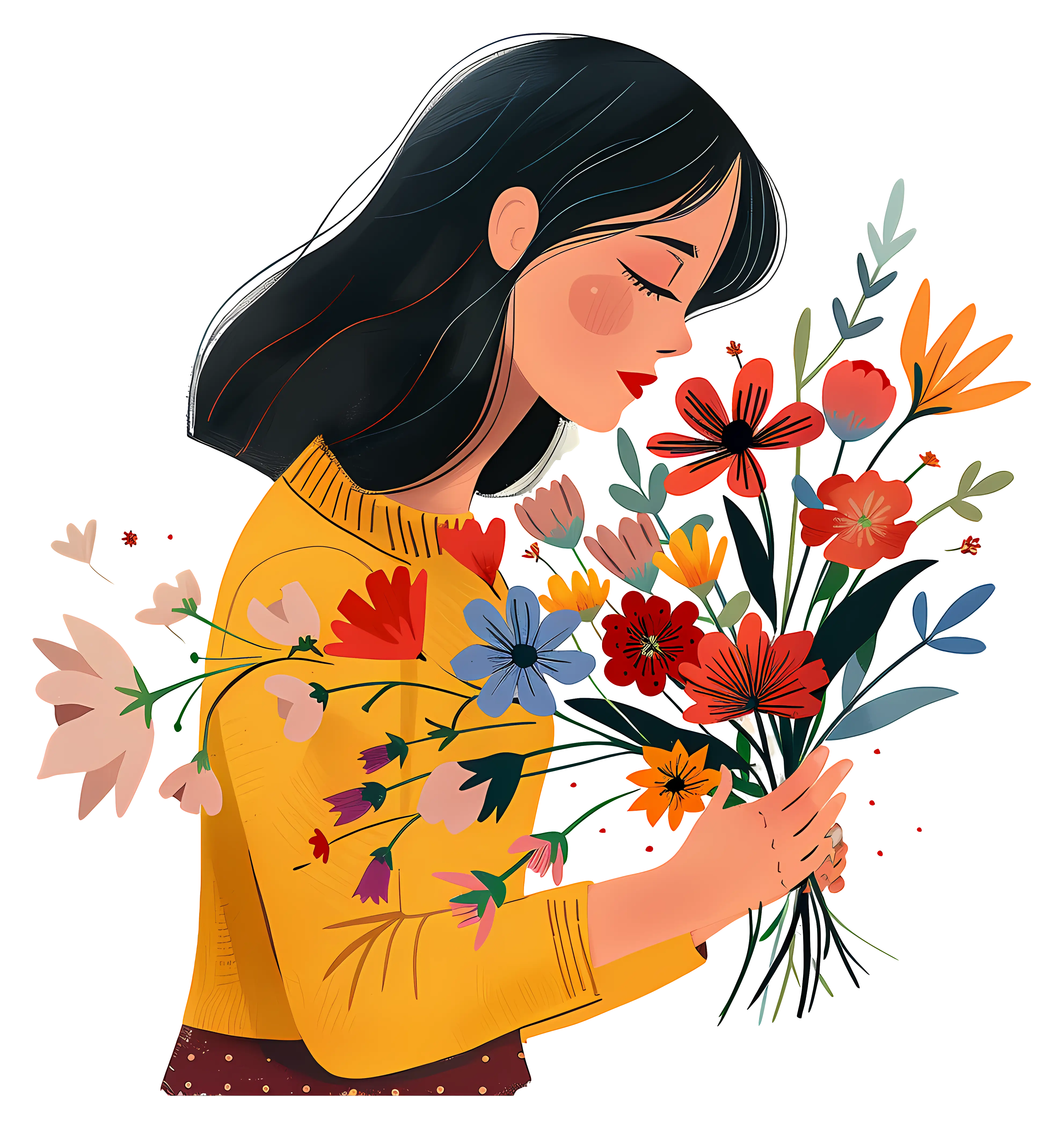 Illustration of a Woman Holding Flowers