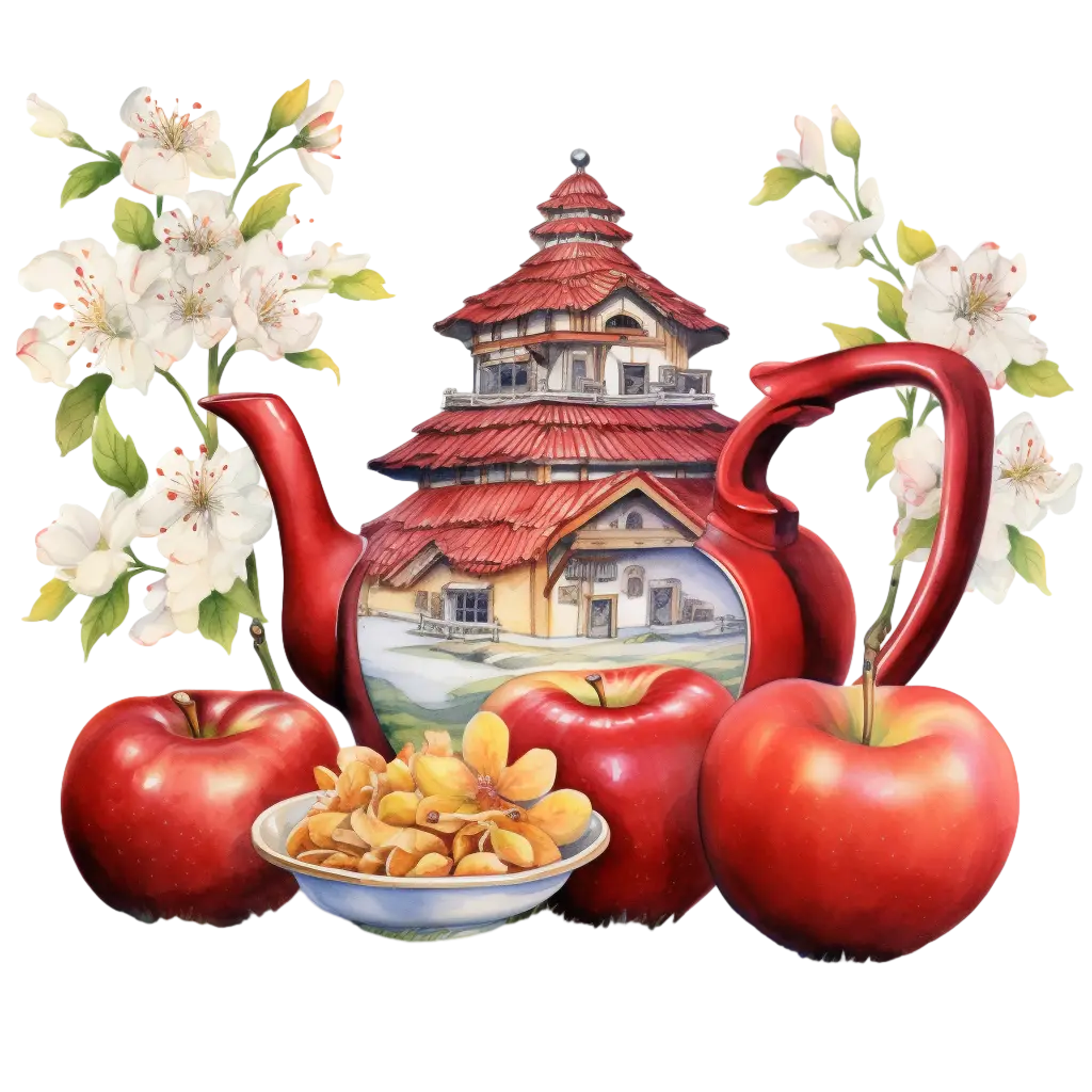 Decorative Teapot with Apples and Flowers