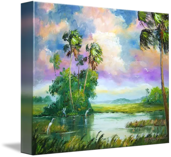 Serene Landscape Painting with Palm Trees