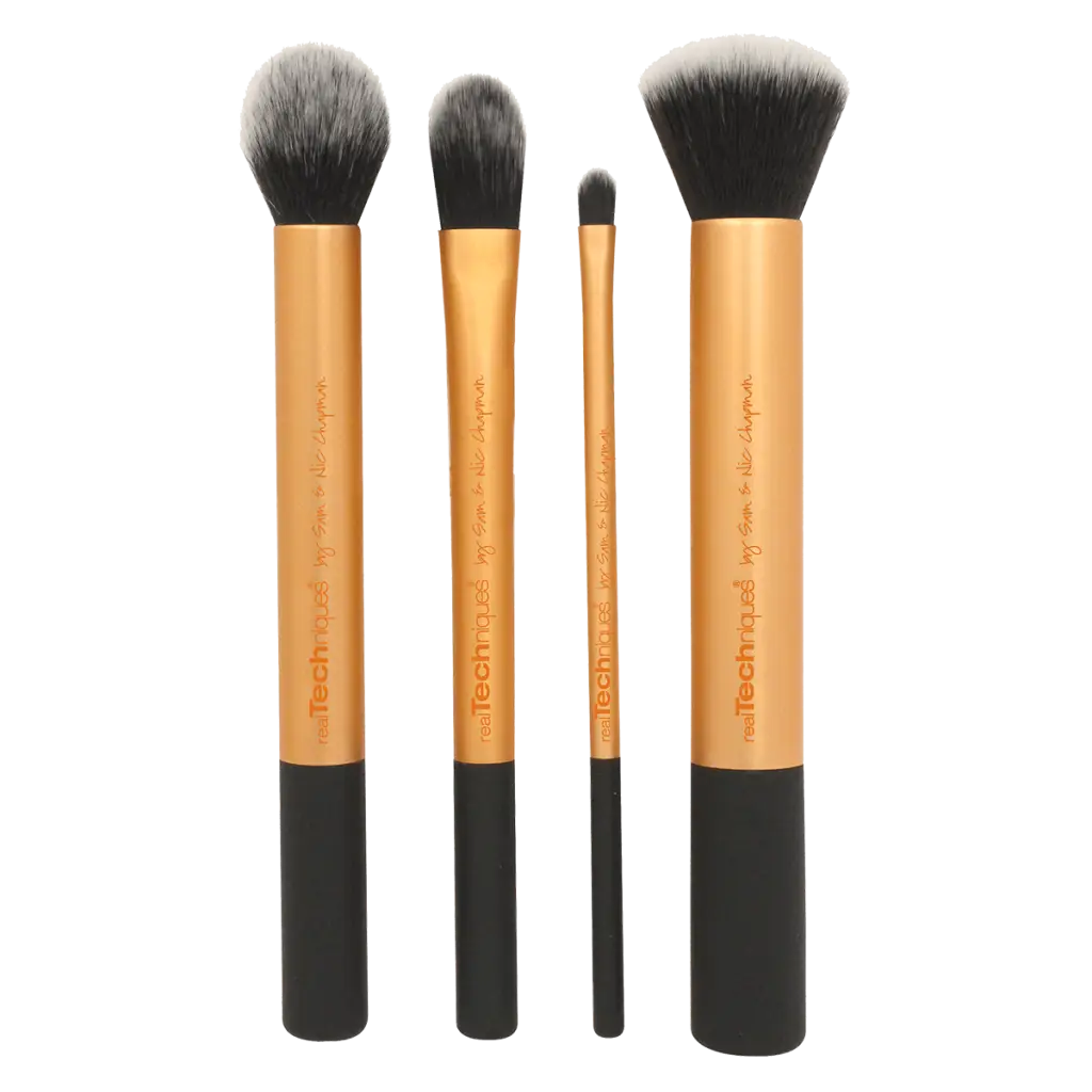 Set of makeup brushes with golden handles