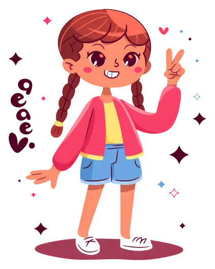 Cheerful Girl with Braids Cartoon