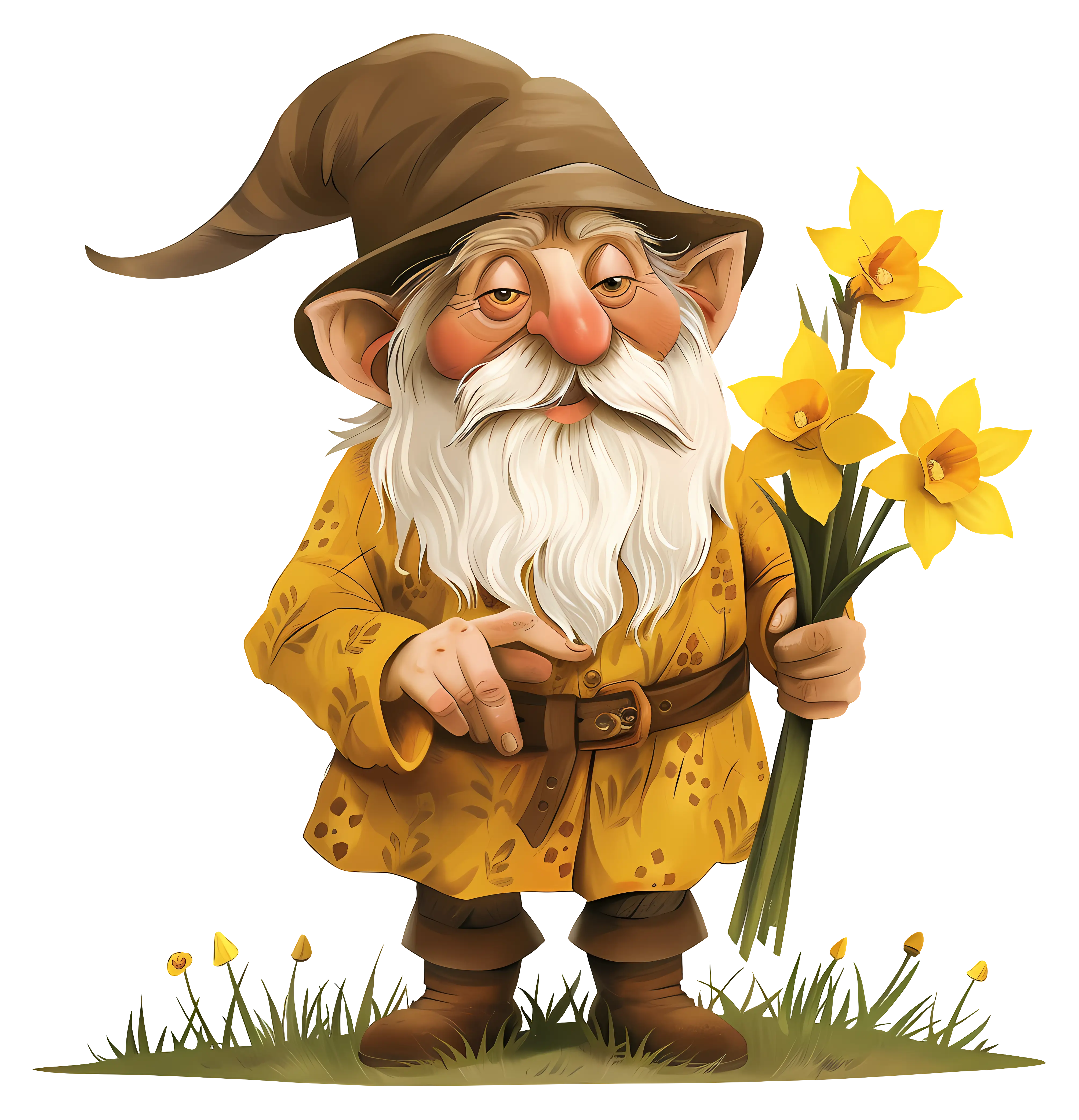 Cartoon Gnome Holding Daffodil Flowers