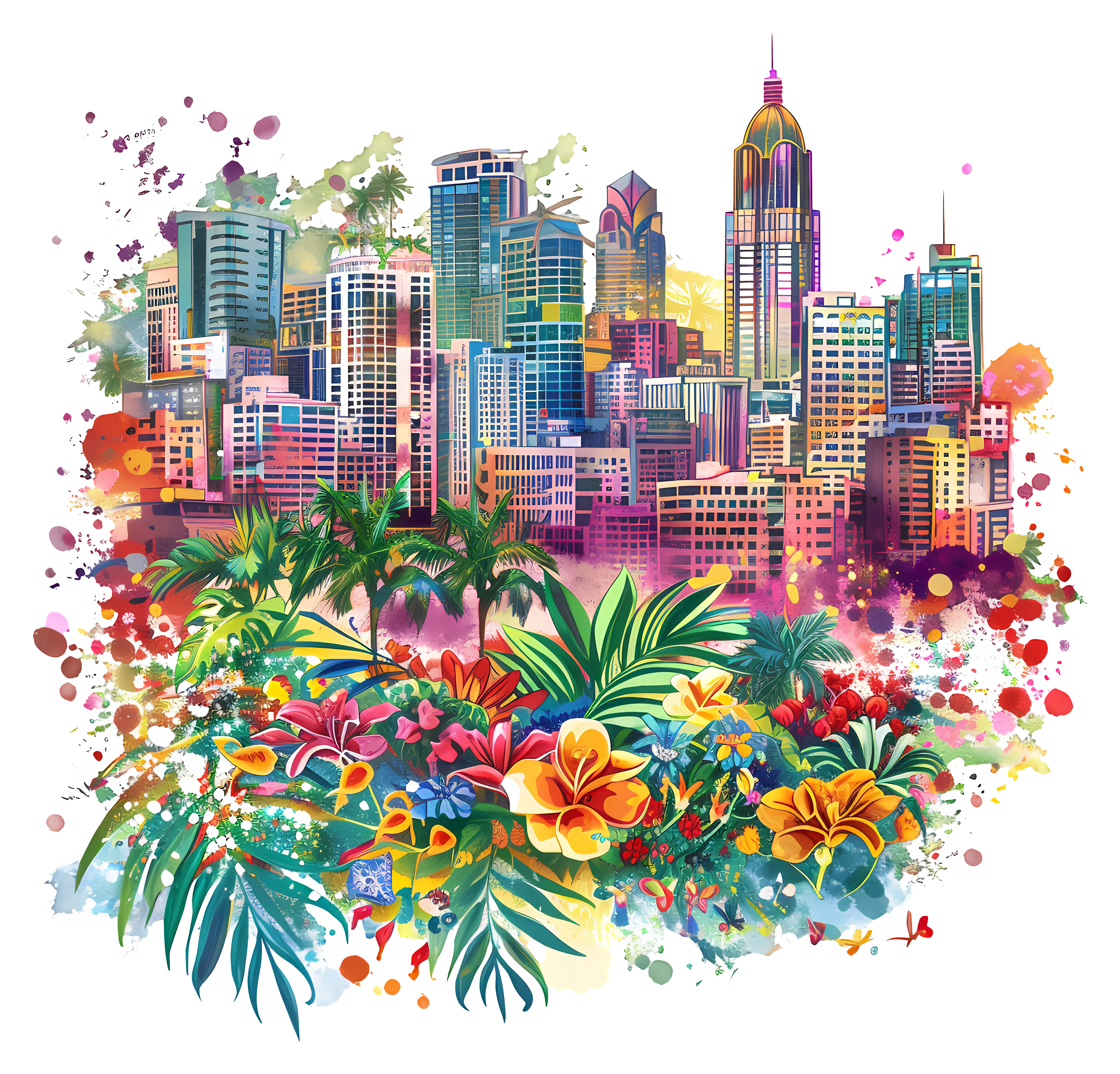 Colorful Cityscape with Flowers