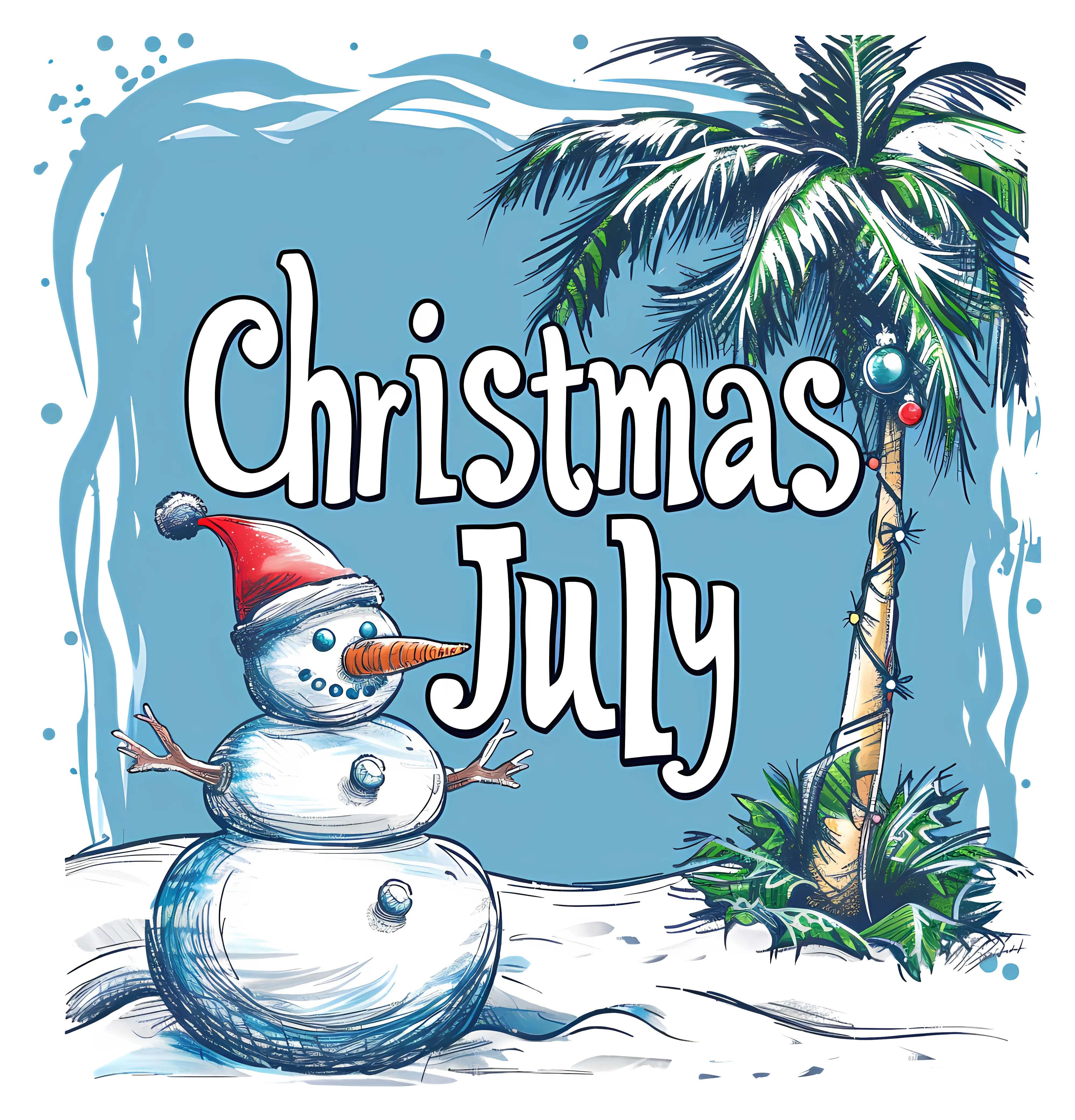 Snowman and Palm Tree Celebrating Christmas in July