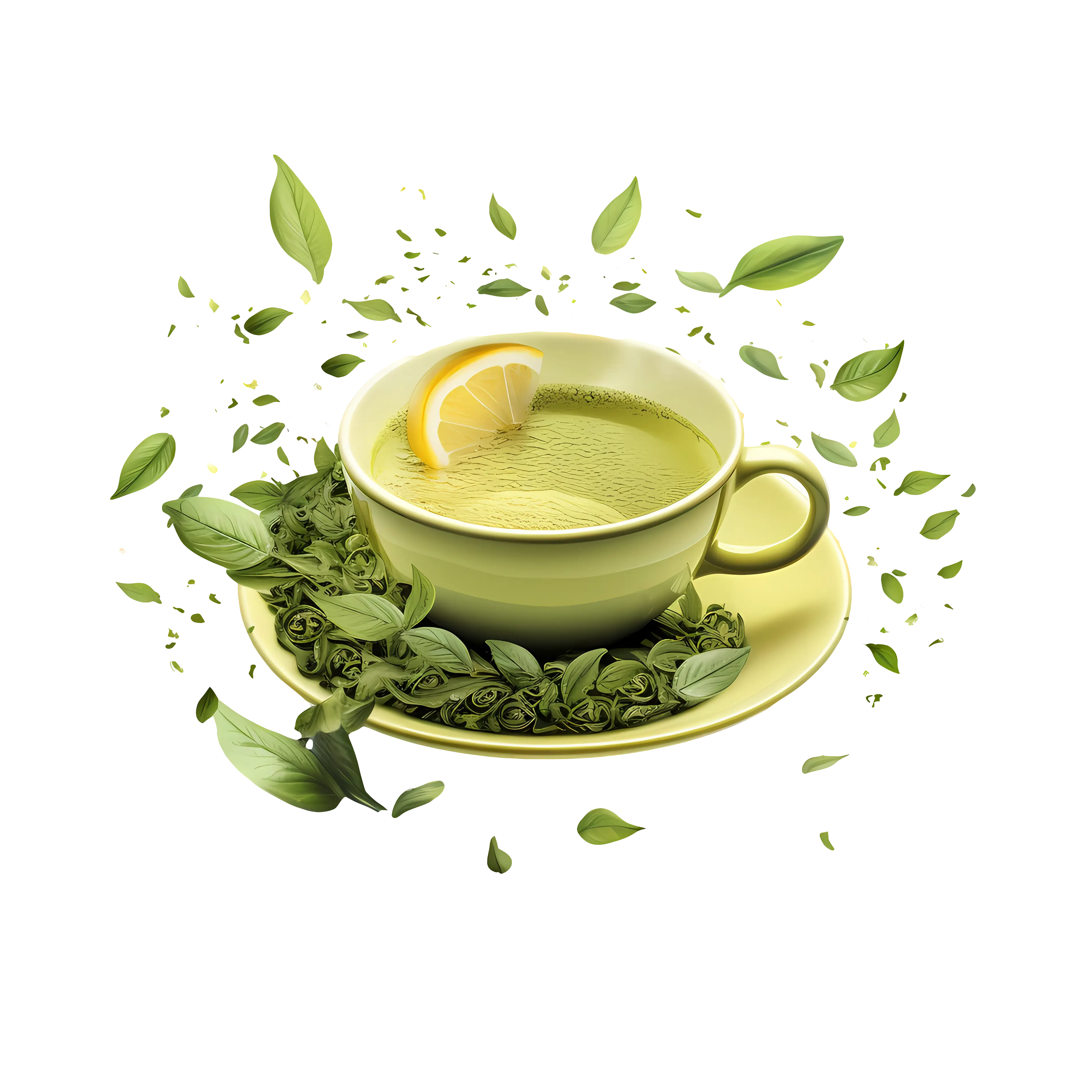 Green Tea Cup with Lemon Slice and Leaves