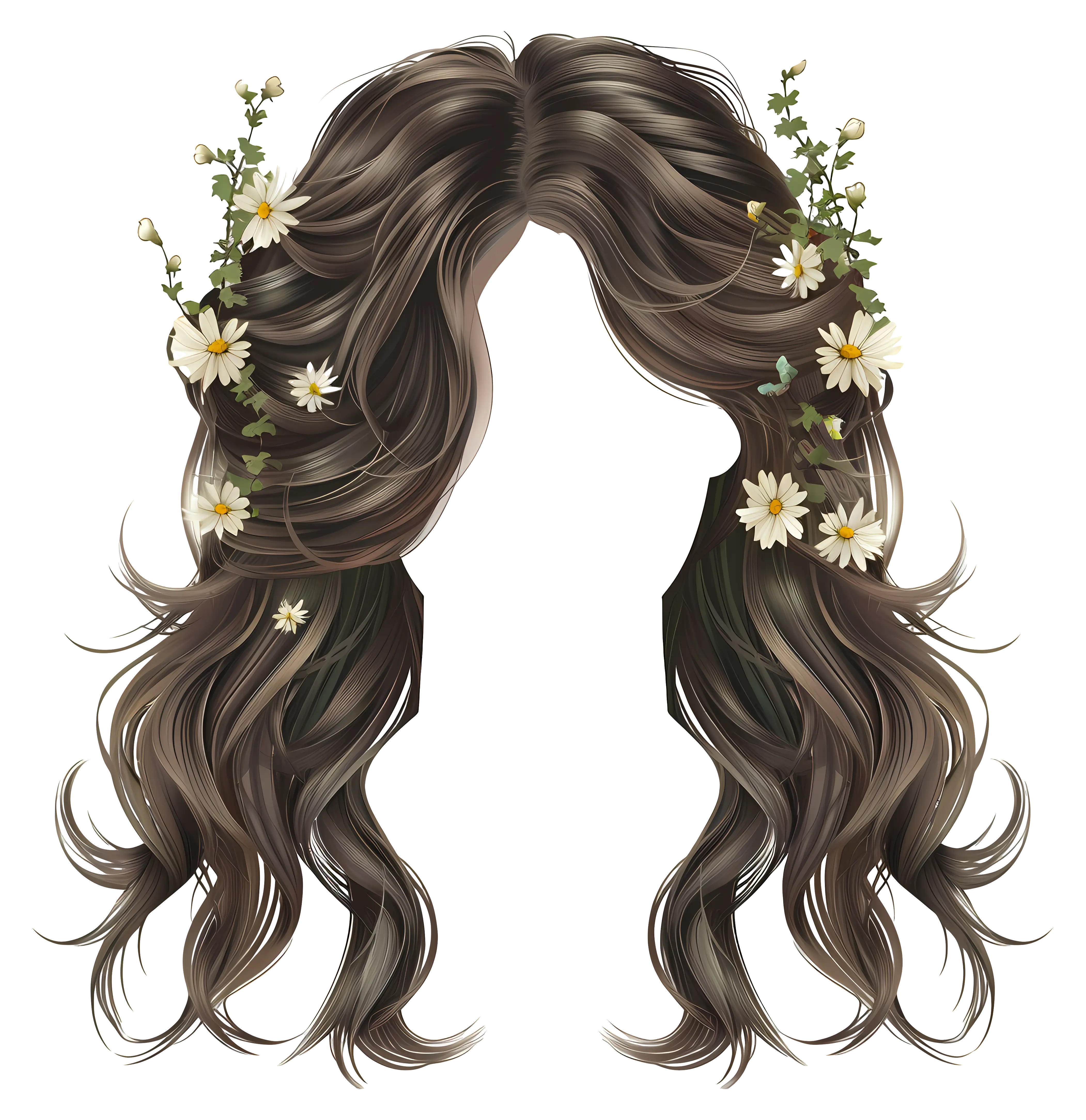 Wavy Brown Hair with Floral Accents