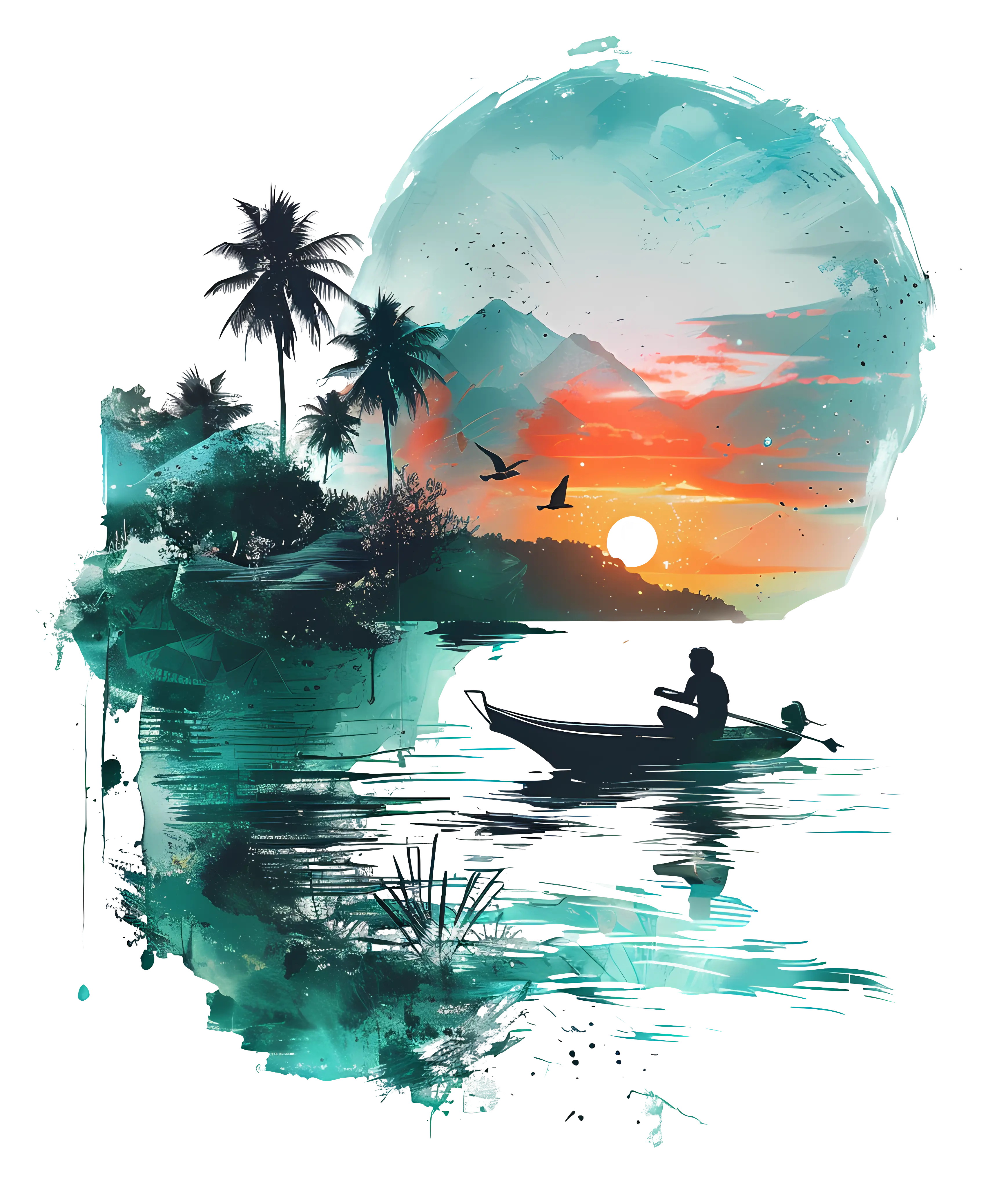 Sunset with Boat and Palm Trees