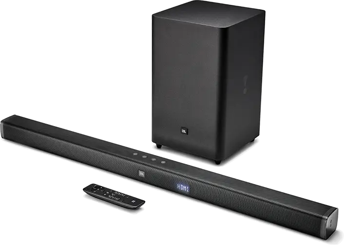Sleek Black Soundbar with Subwoofer and Remote Control