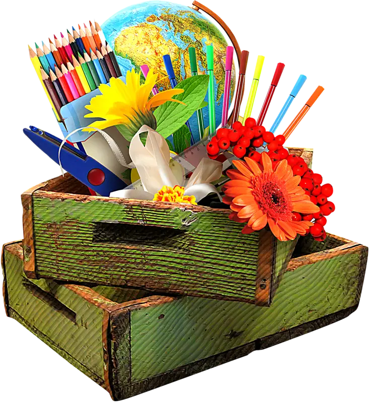 Colorful School Supplies in Wooden Boxes