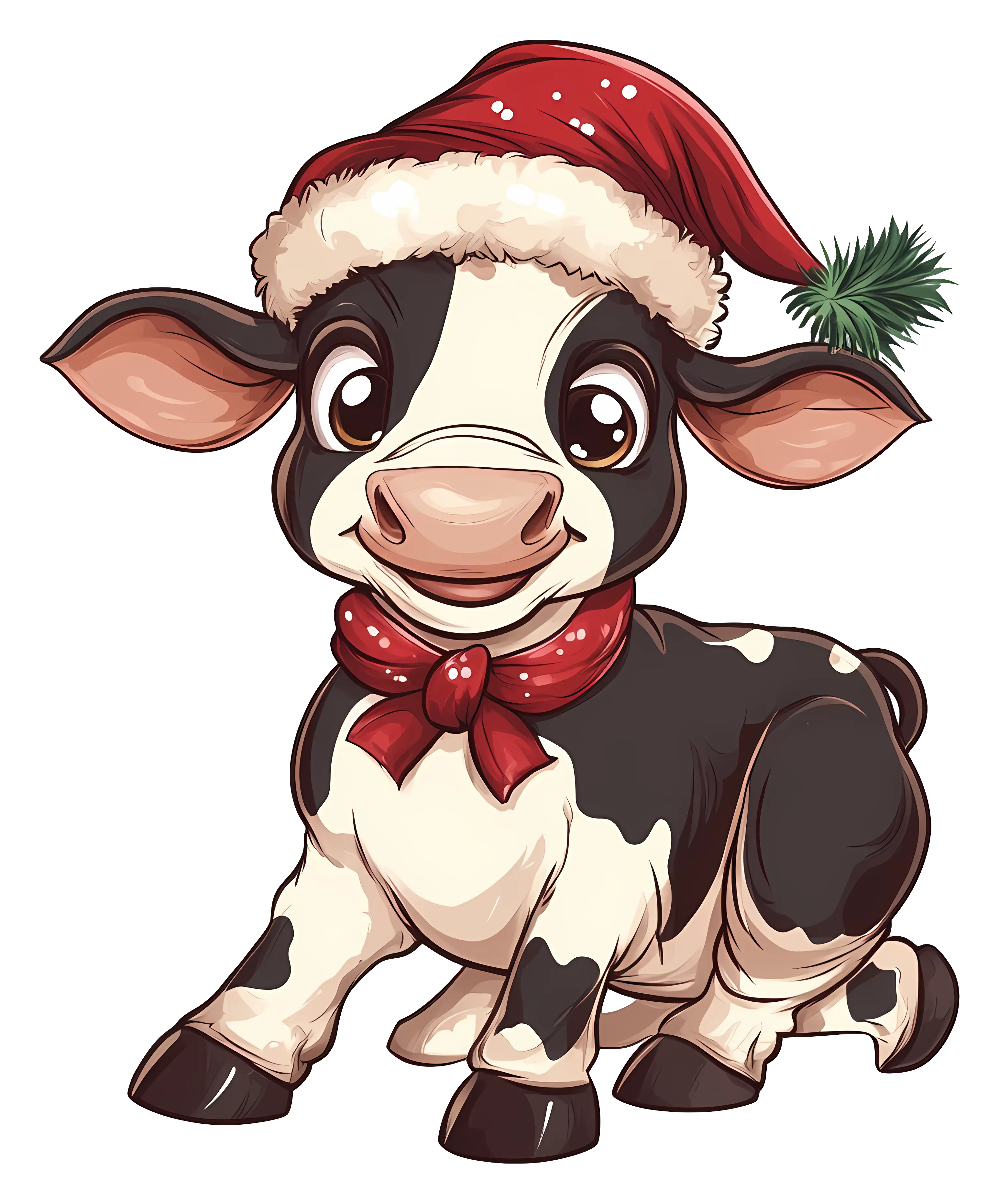 Cartoon Calf with Santa Hat and Red Bow Scarf