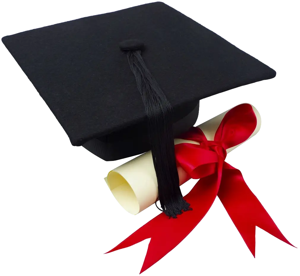 Graduation Cap and Diploma with Red Ribbon