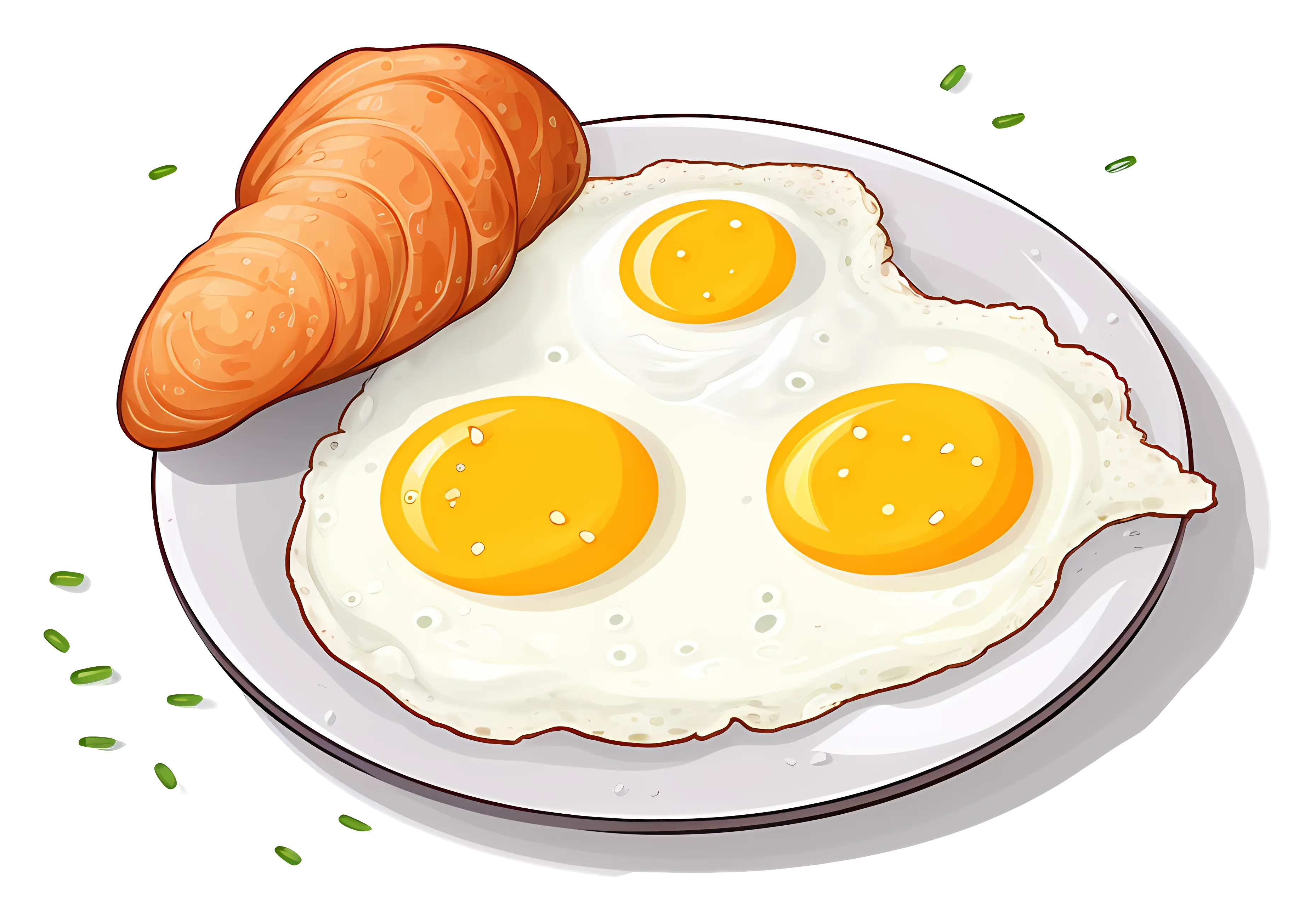 Fried Eggs with Croissant on Plate