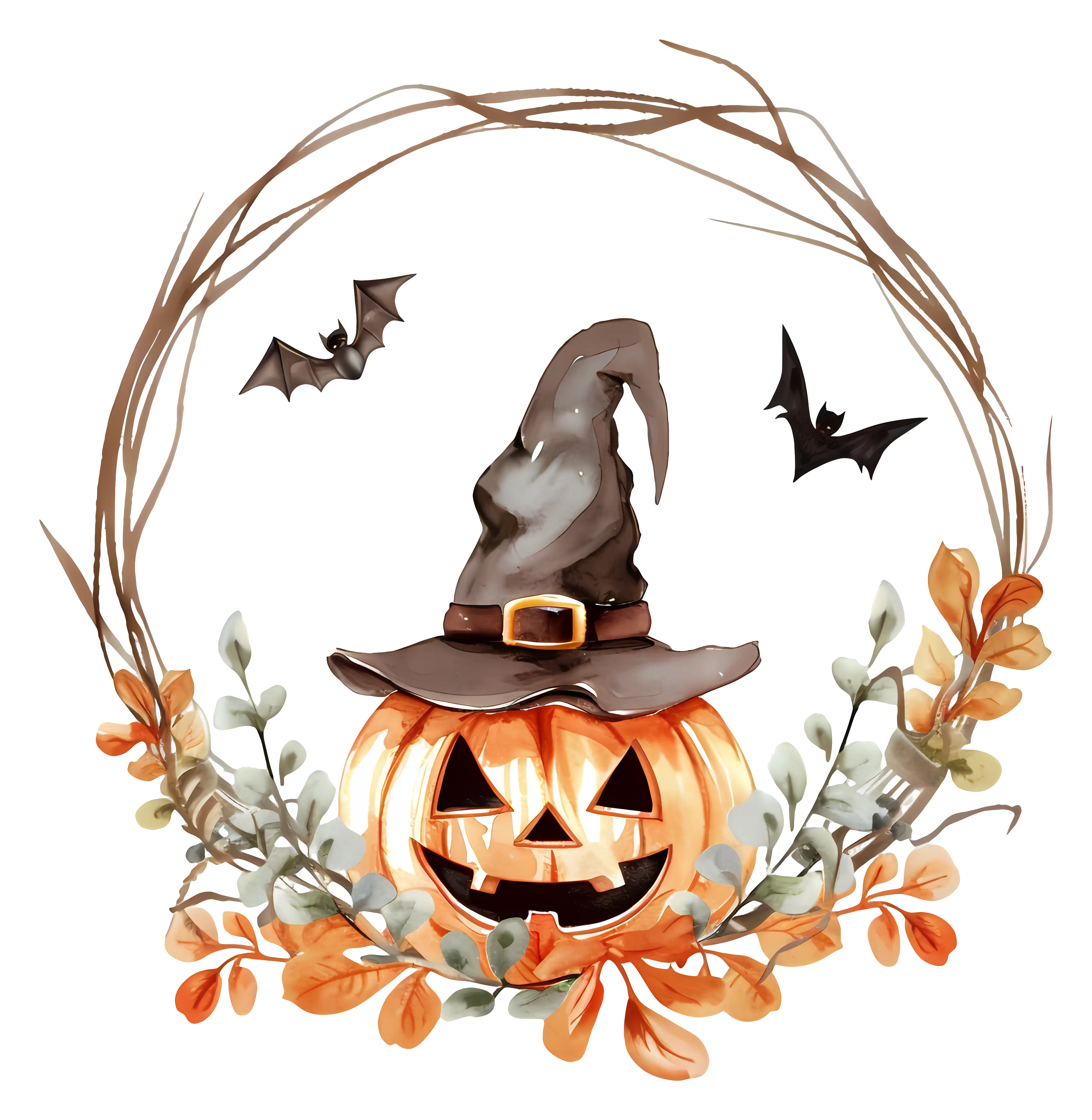 Pumpkin with Witch Hat and Bats