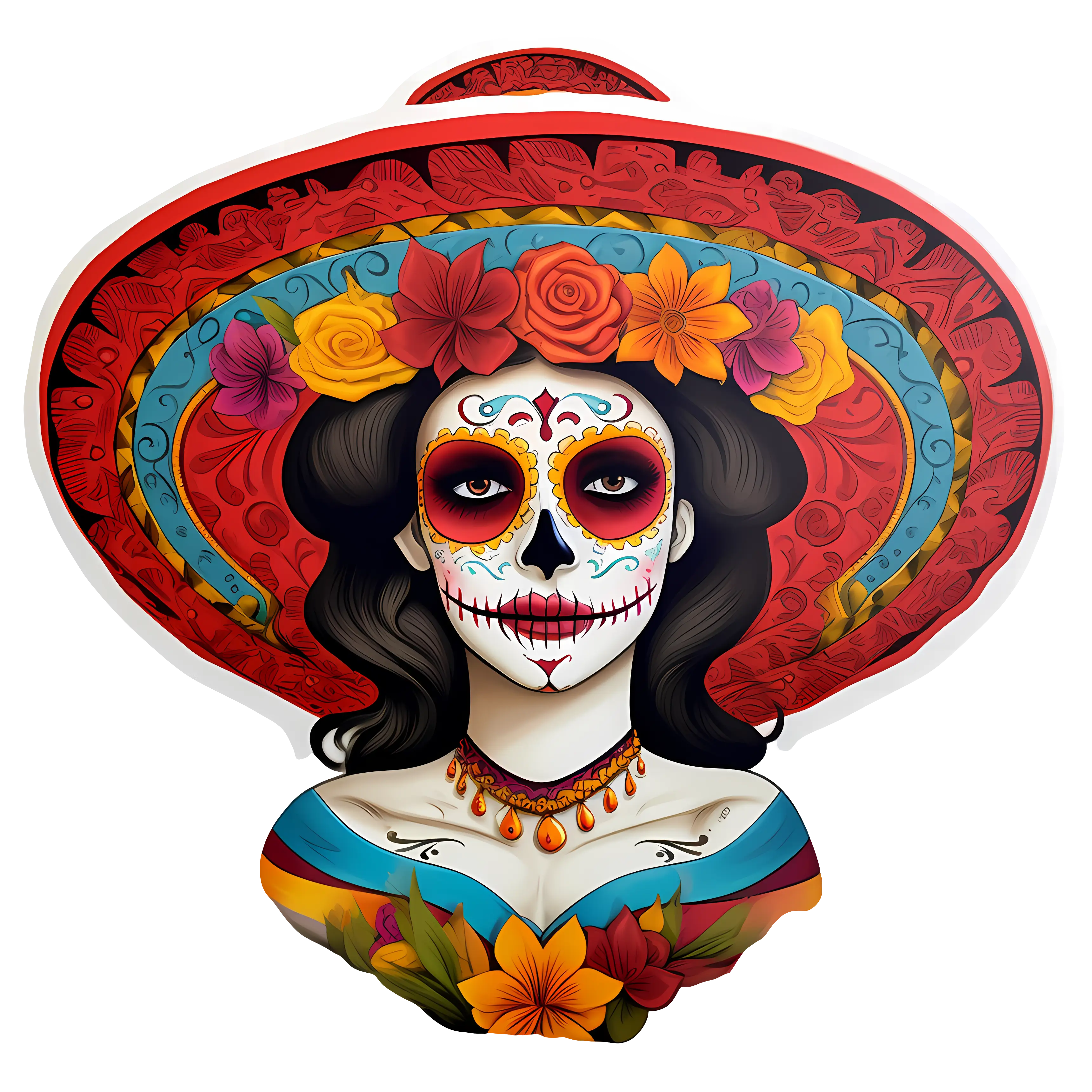 Day of the Dead Woman Illustration with Ornamental Hat