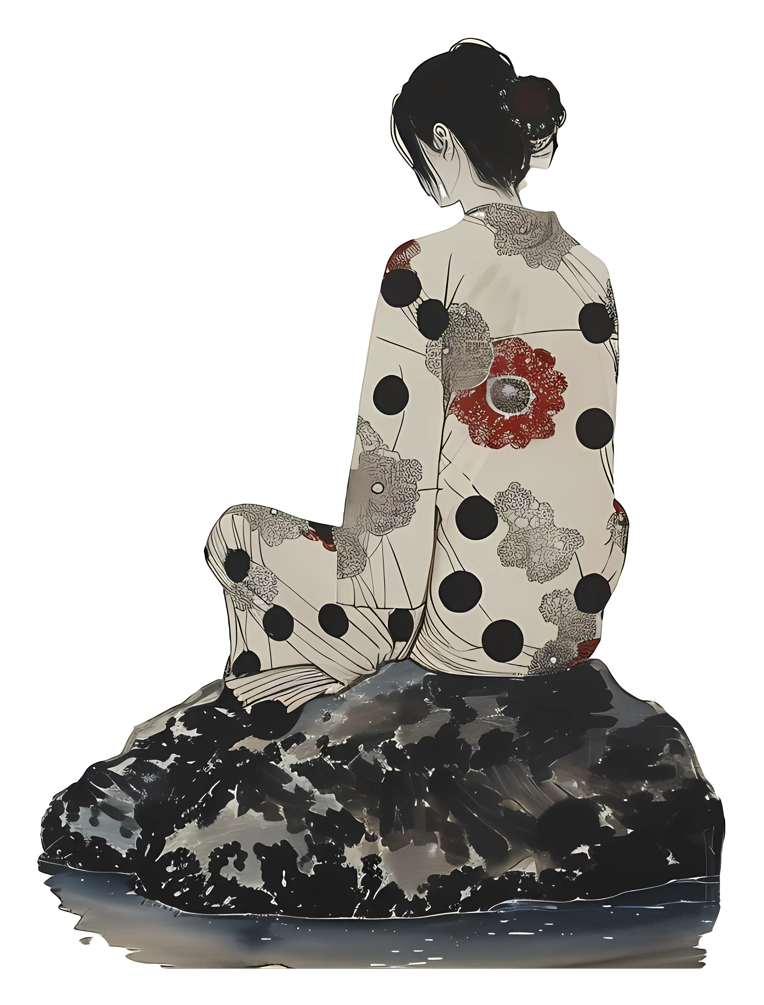 Serene Woman in Kimono on Rock
