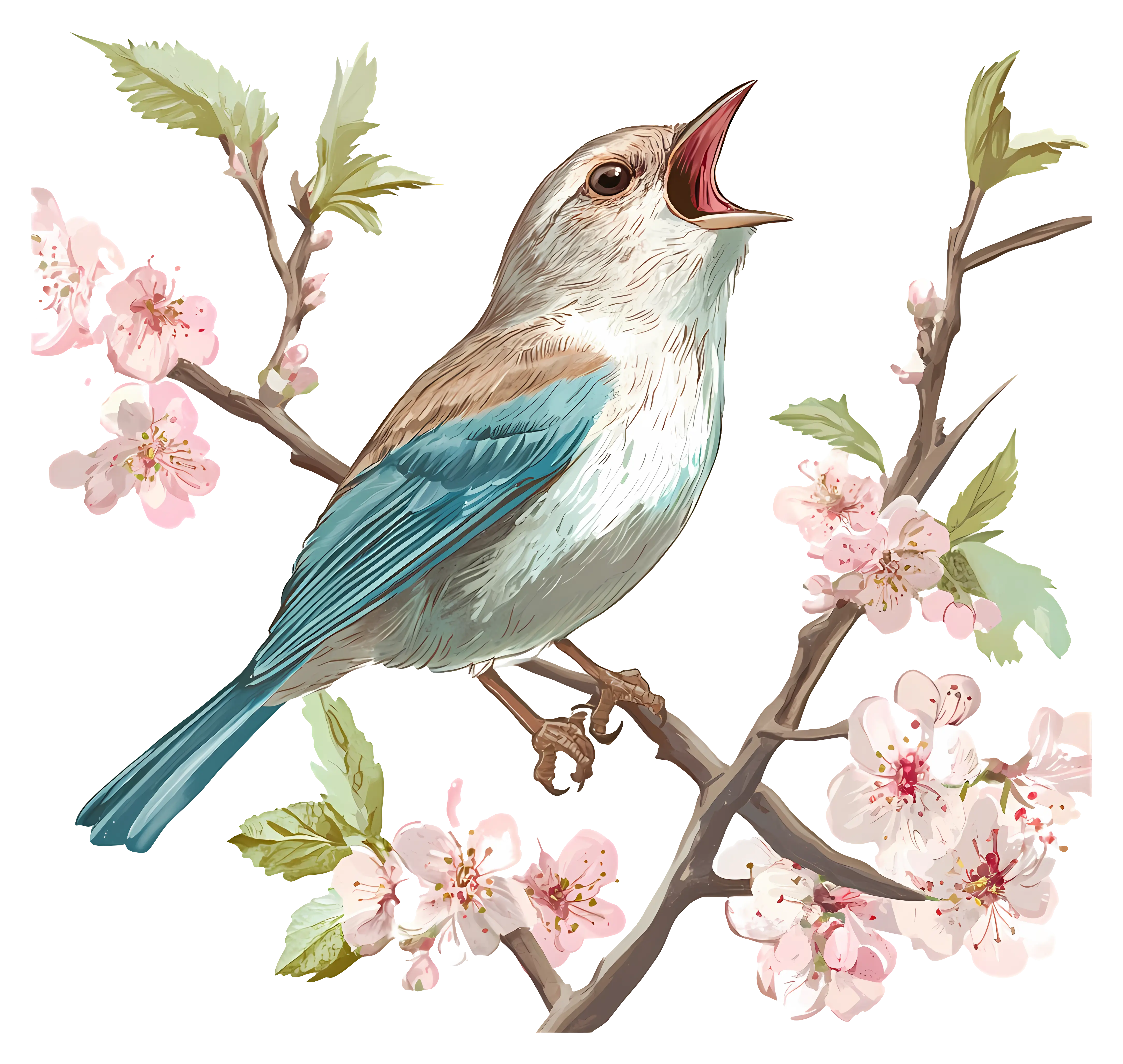 Bird on Blossom Branch Illustration