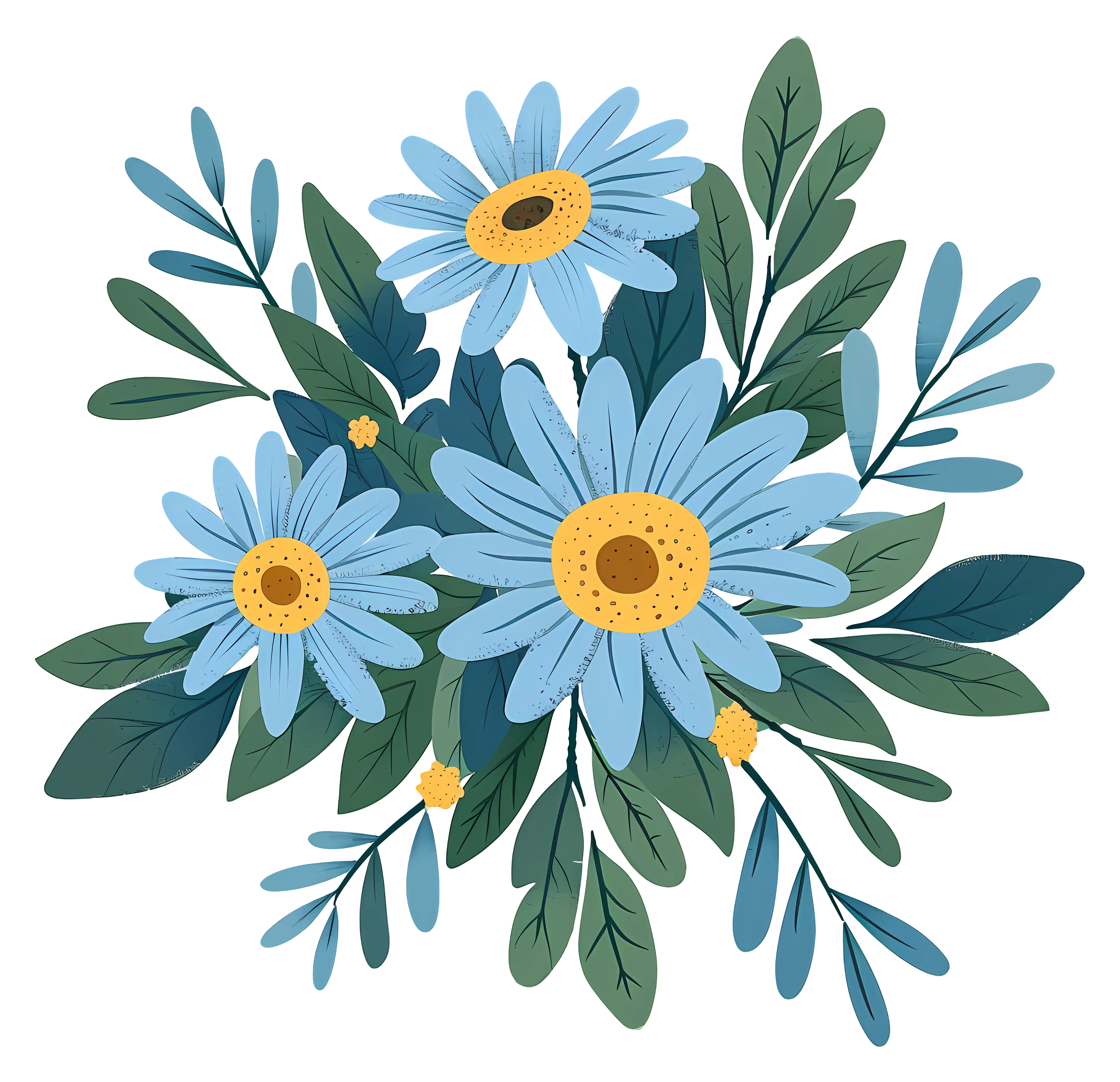 Blue Daisies with Lush Green Leaves