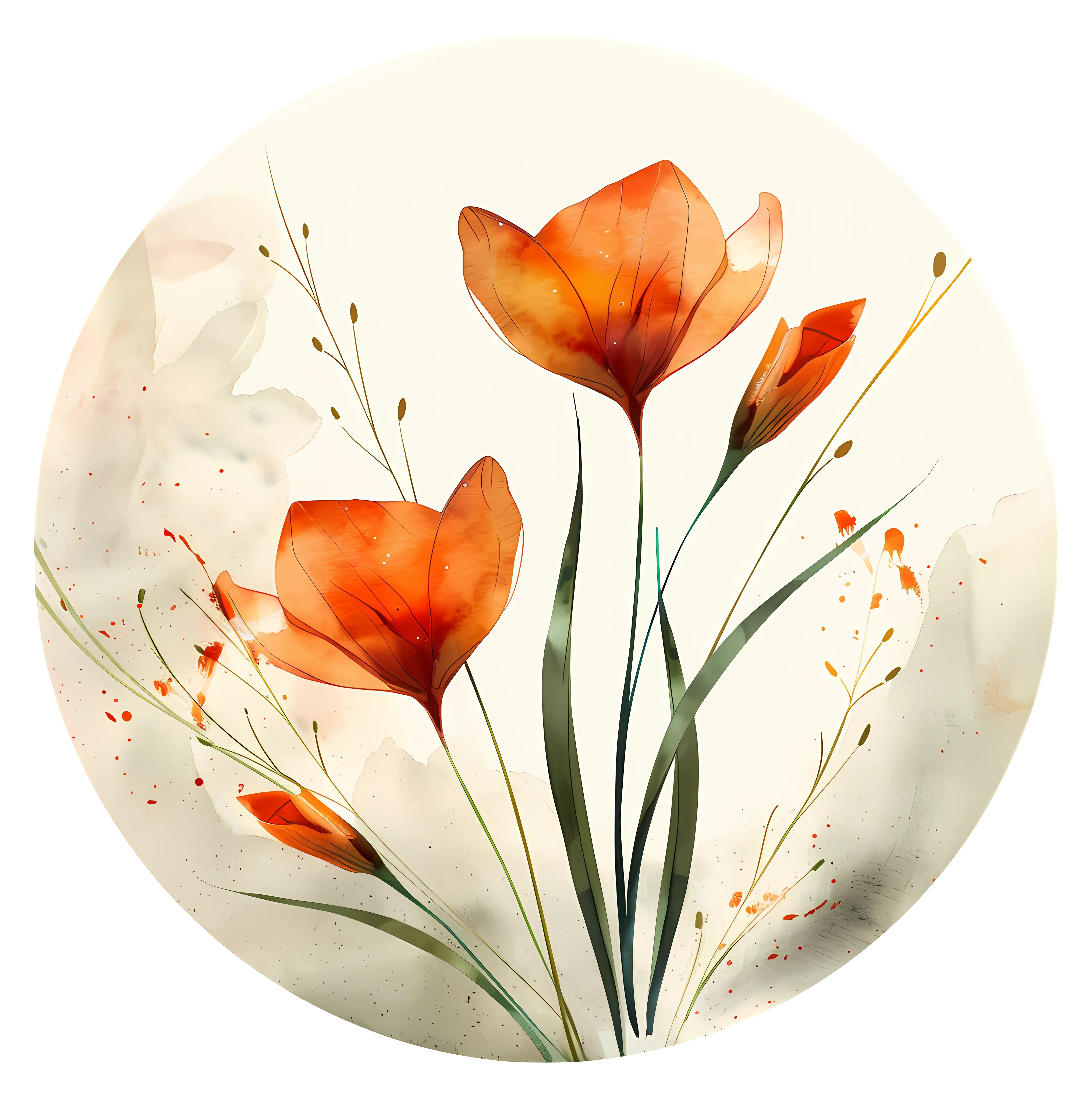 Watercolor Orange Flowers in Circle