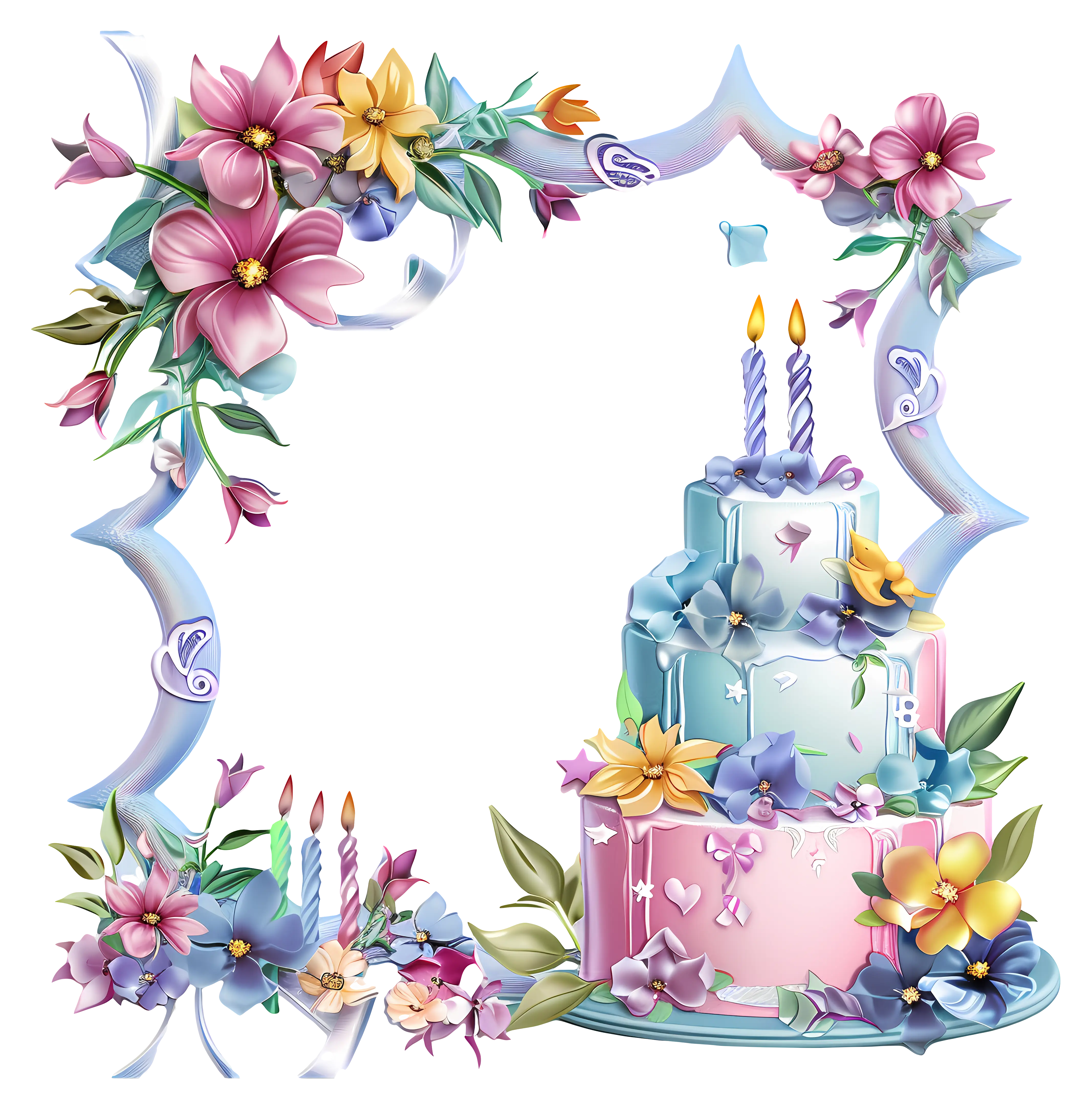 Birthday Cake with Flowers and Candles