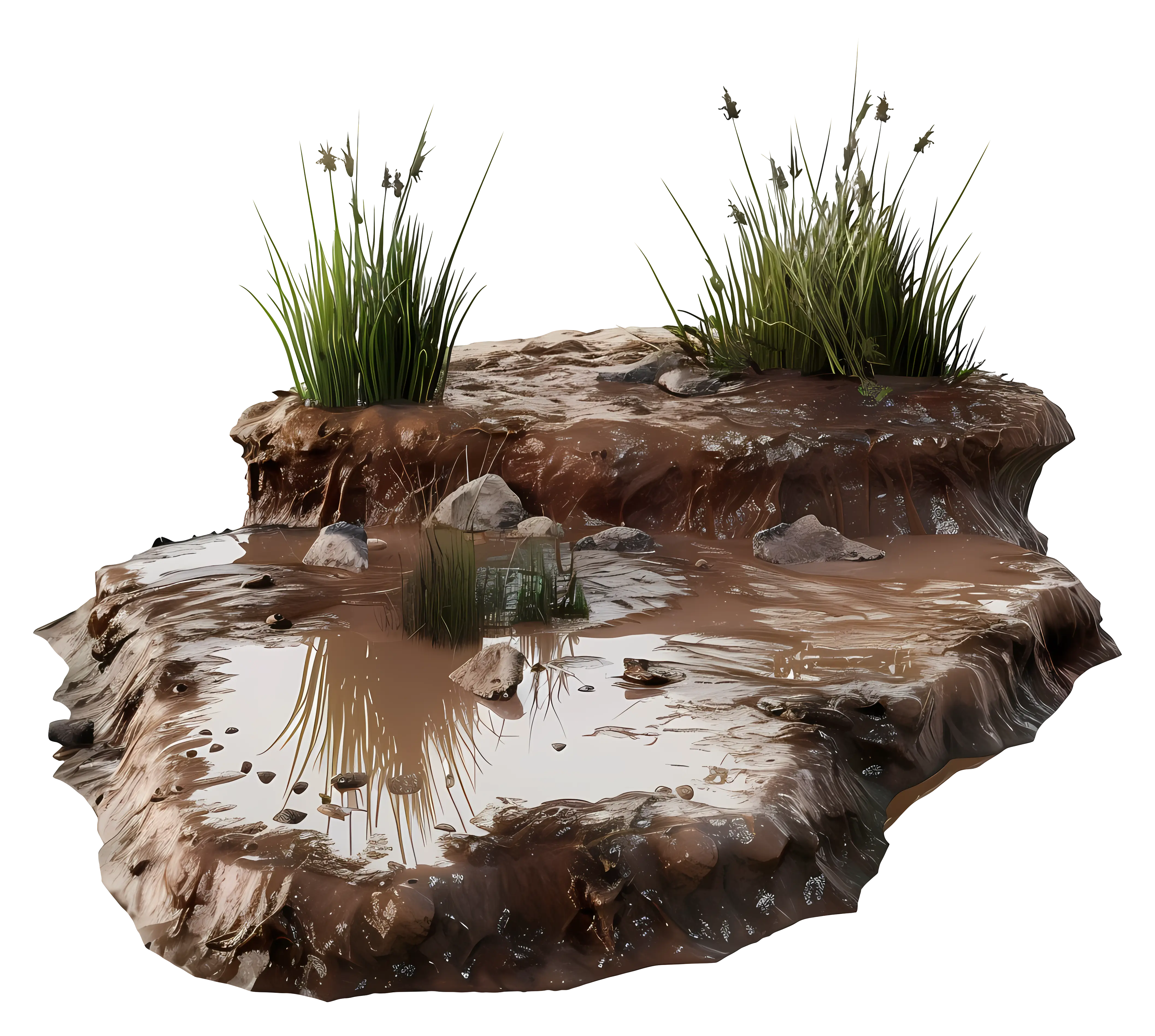Muddy Puddle with Grass on Soil Surface