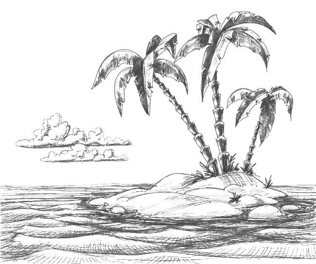 Tropical Island Sketch with Palm Trees