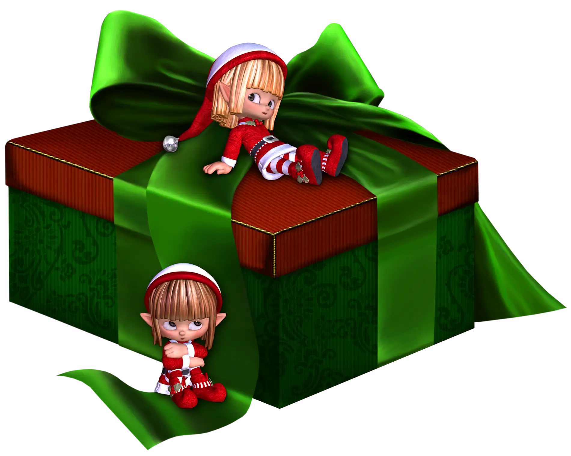 Green Gift Box with Elves for Christmas