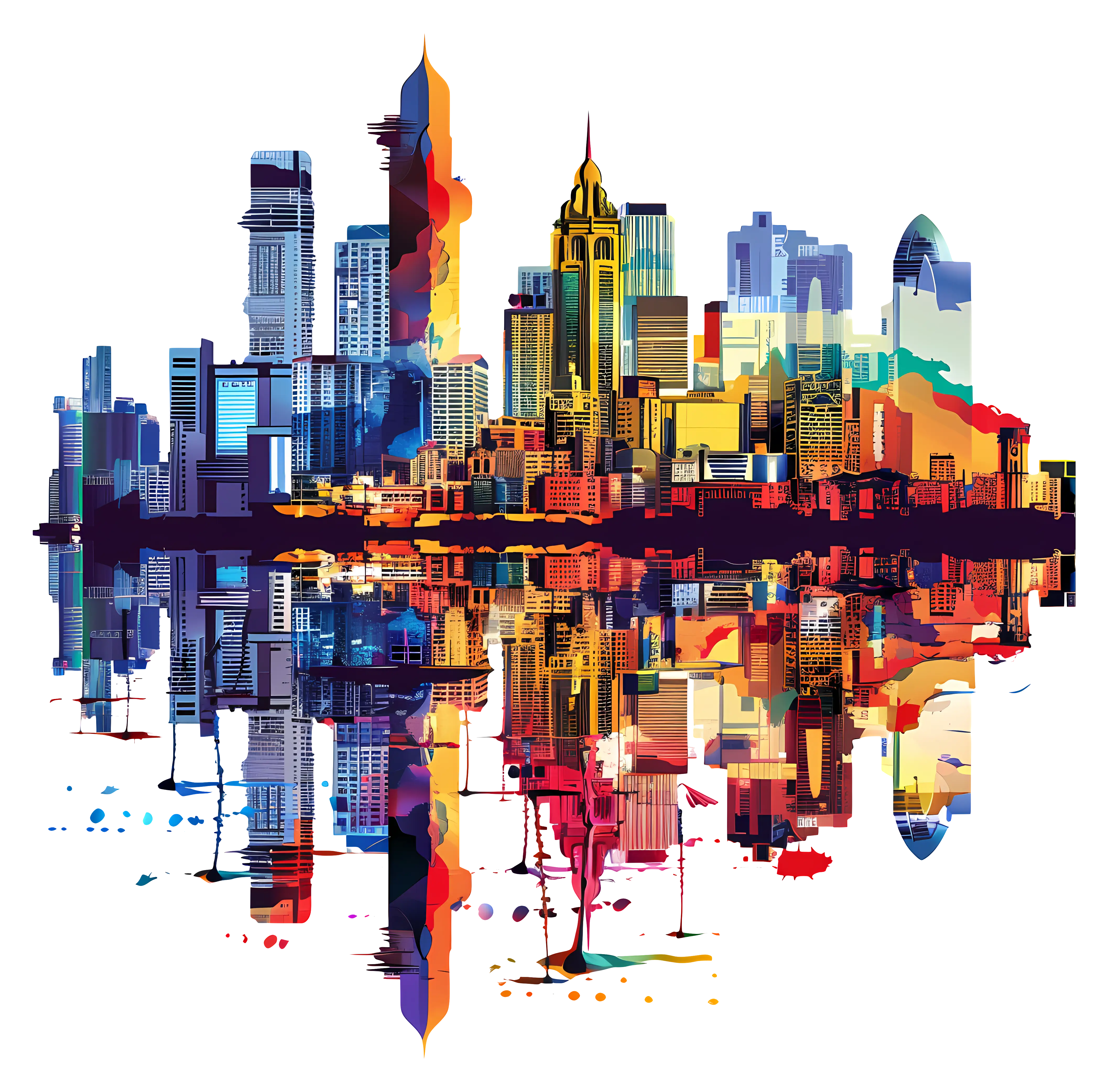 Vibrant City Skyline Reflection Art