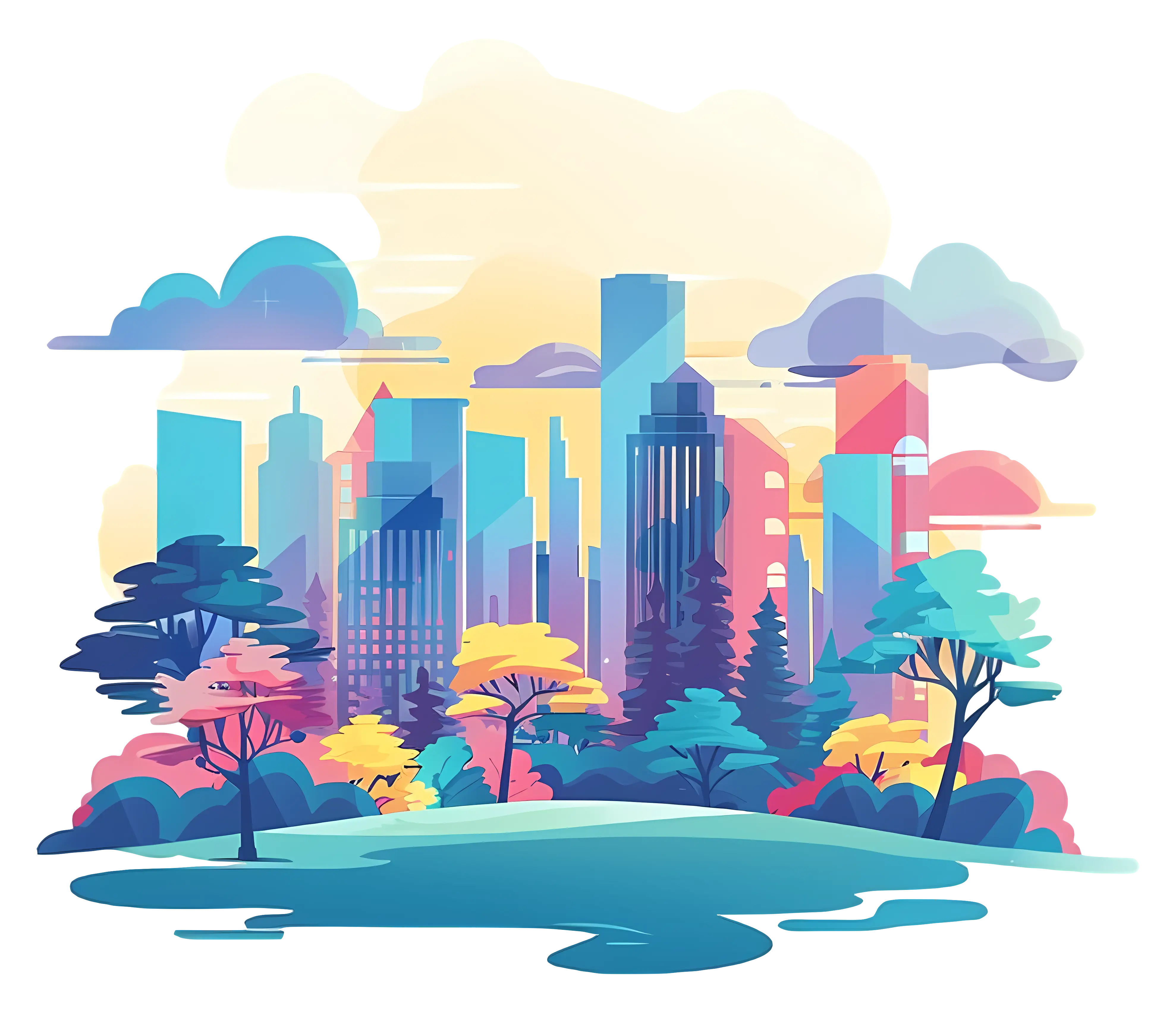 Colorful City Skyline with Trees and Natural Scenery